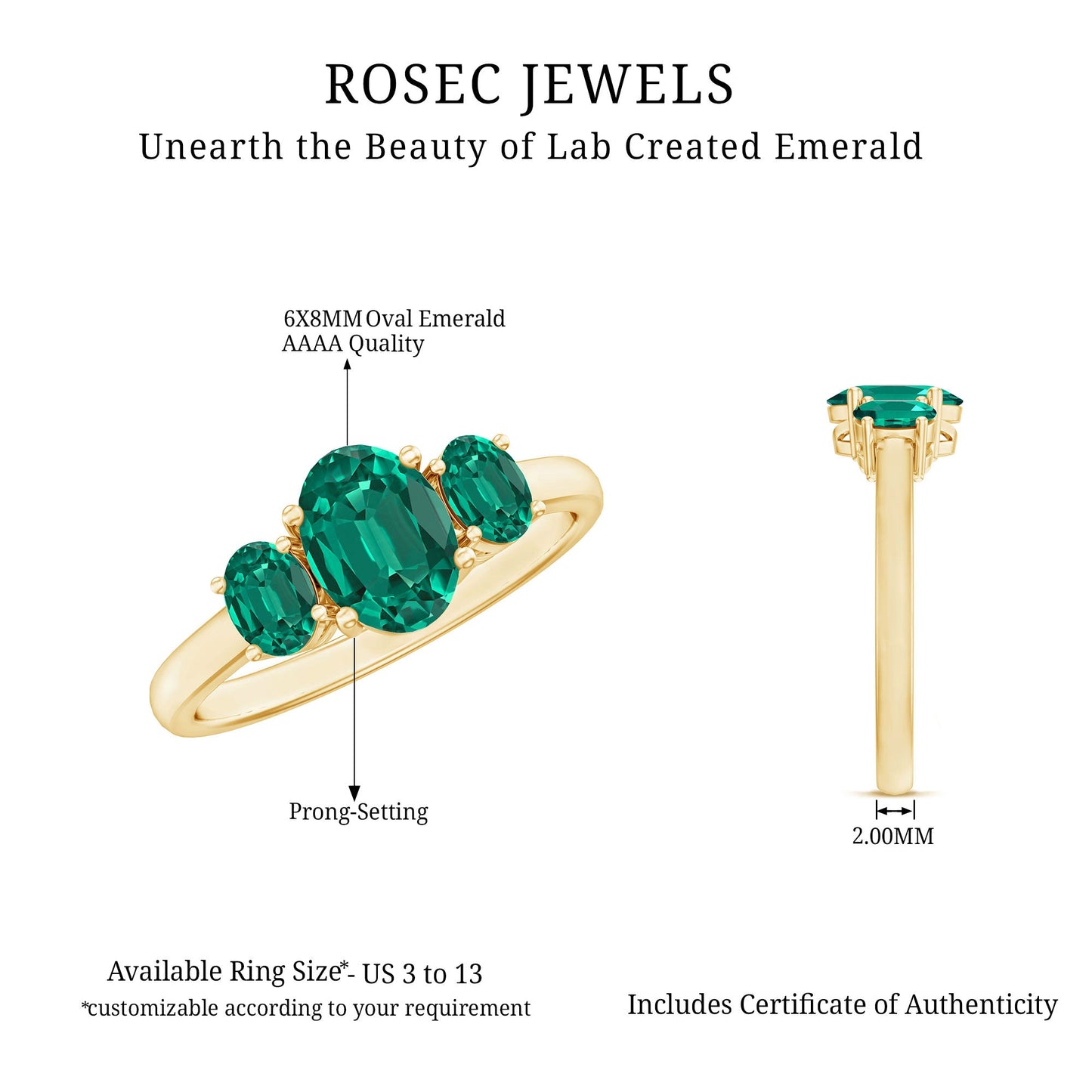 AAAA Quality Oval Cut Lab Created Emerald Three Stone Ring for Women
