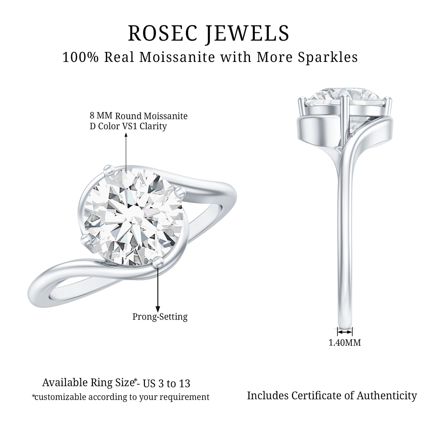 Round Cut 8 MM Moissanite Solitaire Engagement Ring in Bypass Shank