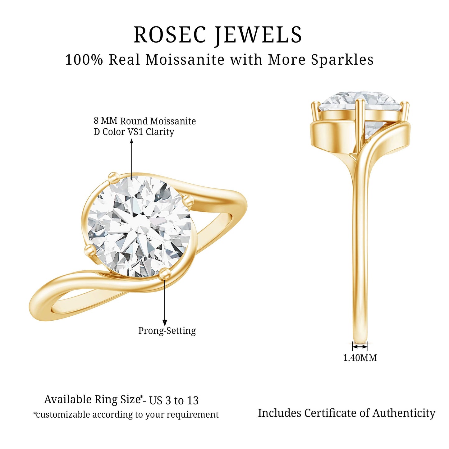 Round Cut 8 MM Moissanite Solitaire Engagement Ring in Bypass Shank