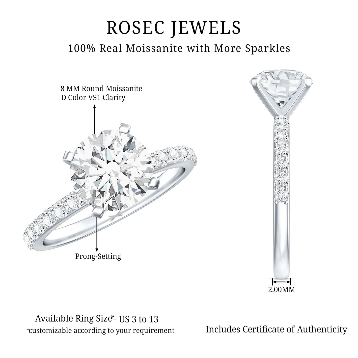 Certified 2 Carat Moissanite Solitaire Engagement Ring in Silver