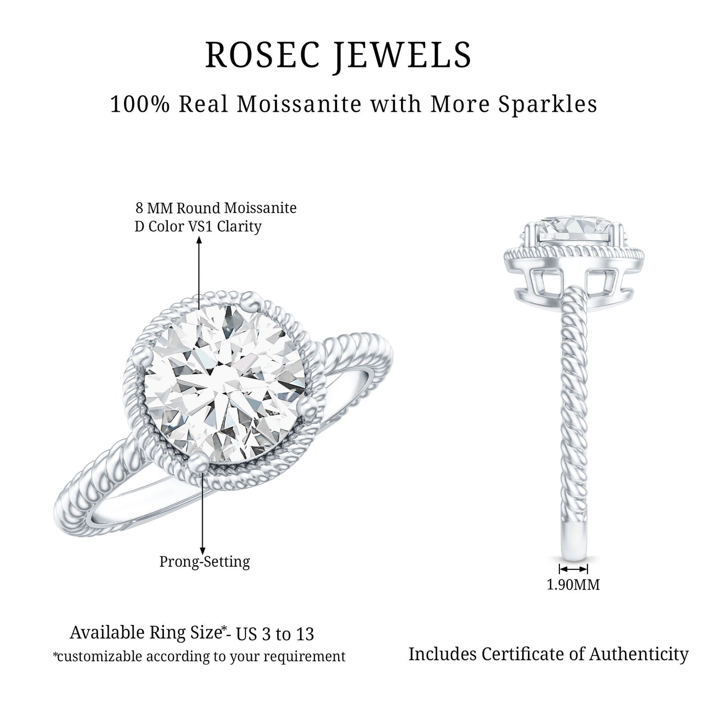 Brilliant Cut 8 MM Moissanite Rope Band Engagement Ring