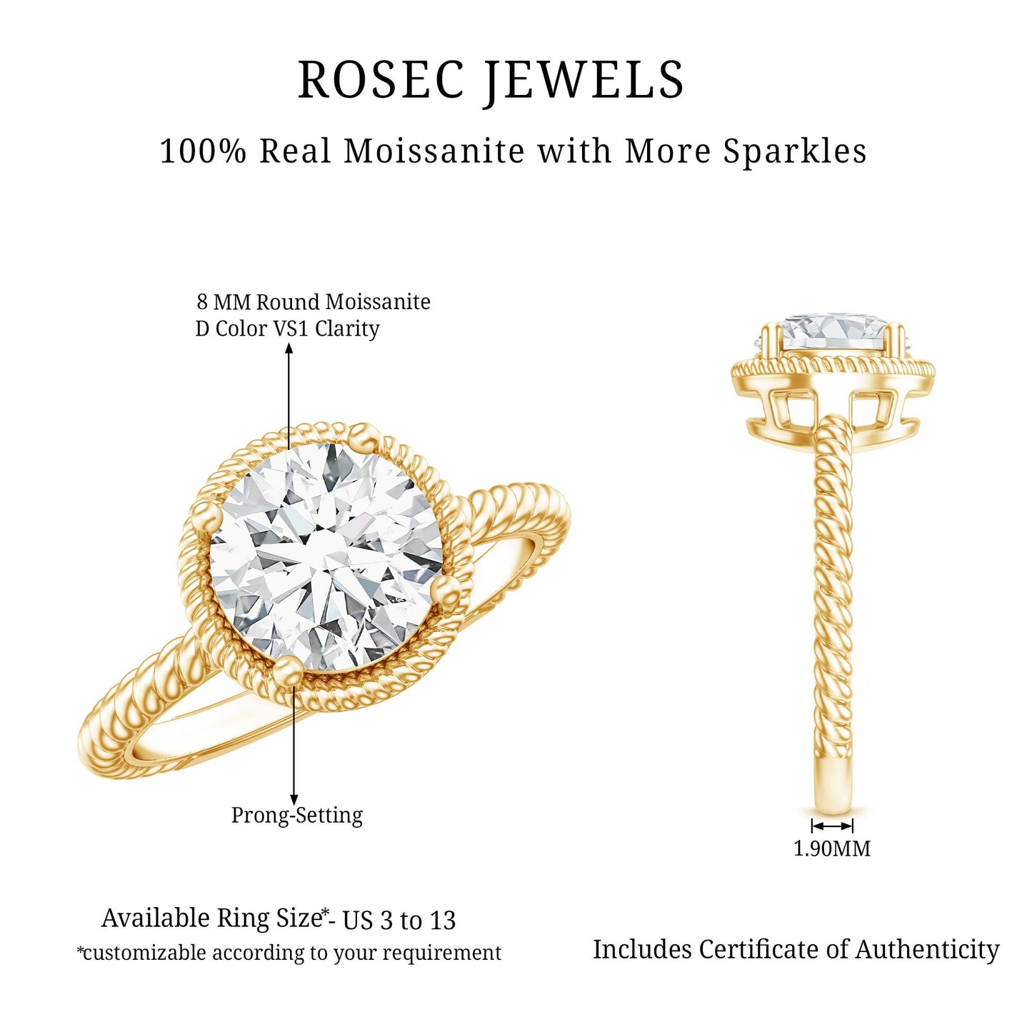 Brilliant Cut 8 MM Moissanite Rope Band Engagement Ring