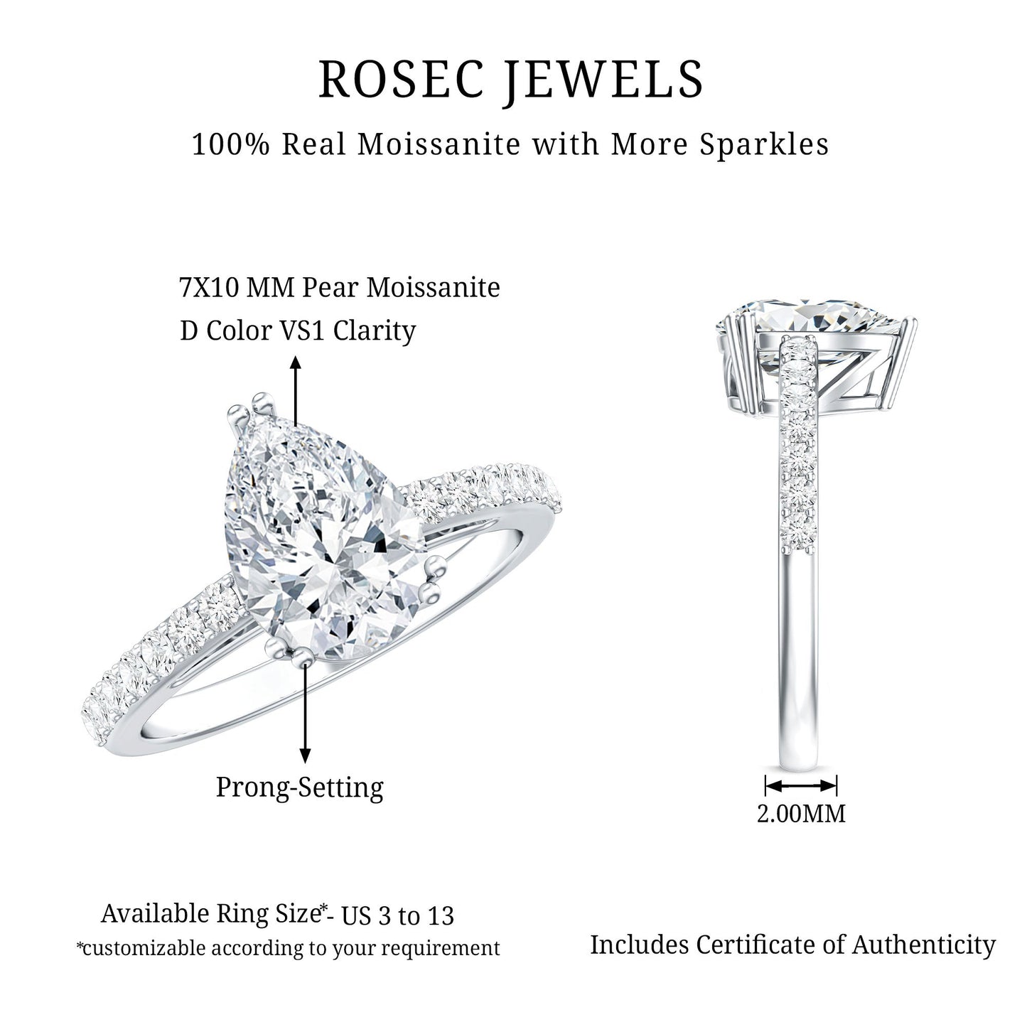 Certified 7X10 MM Moissanite Pear Shaped Engagement Ring