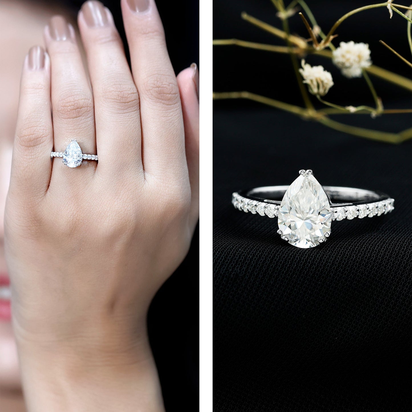 Certified 7X10 MM Moissanite Pear Shaped Engagement Ring