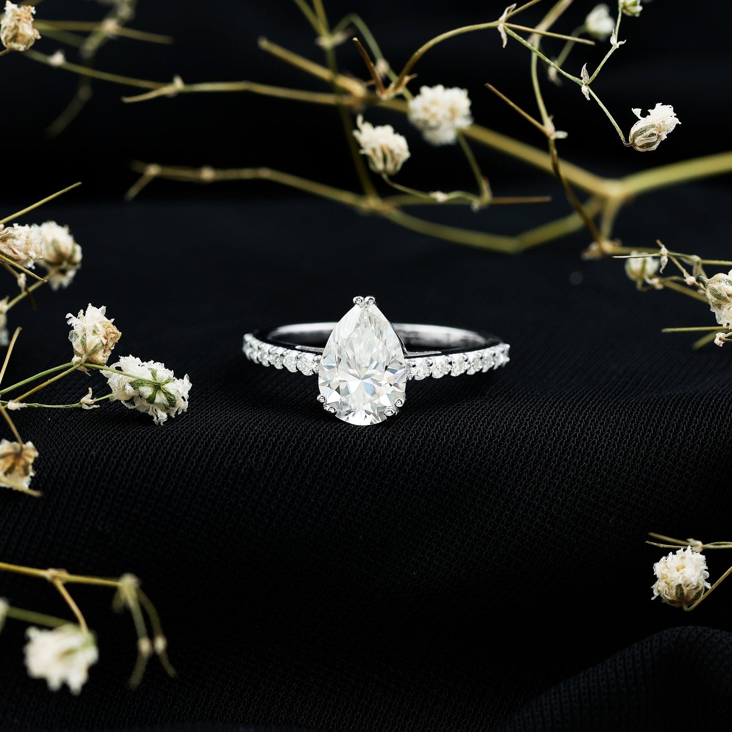 Certified 7X10 MM Moissanite Pear Shaped Engagement Ring