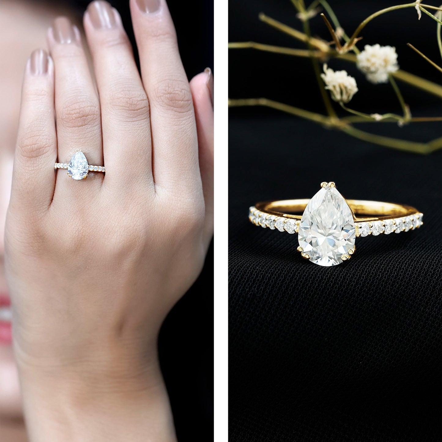 Certified 7X10 MM Moissanite Pear Shaped Engagement Ring