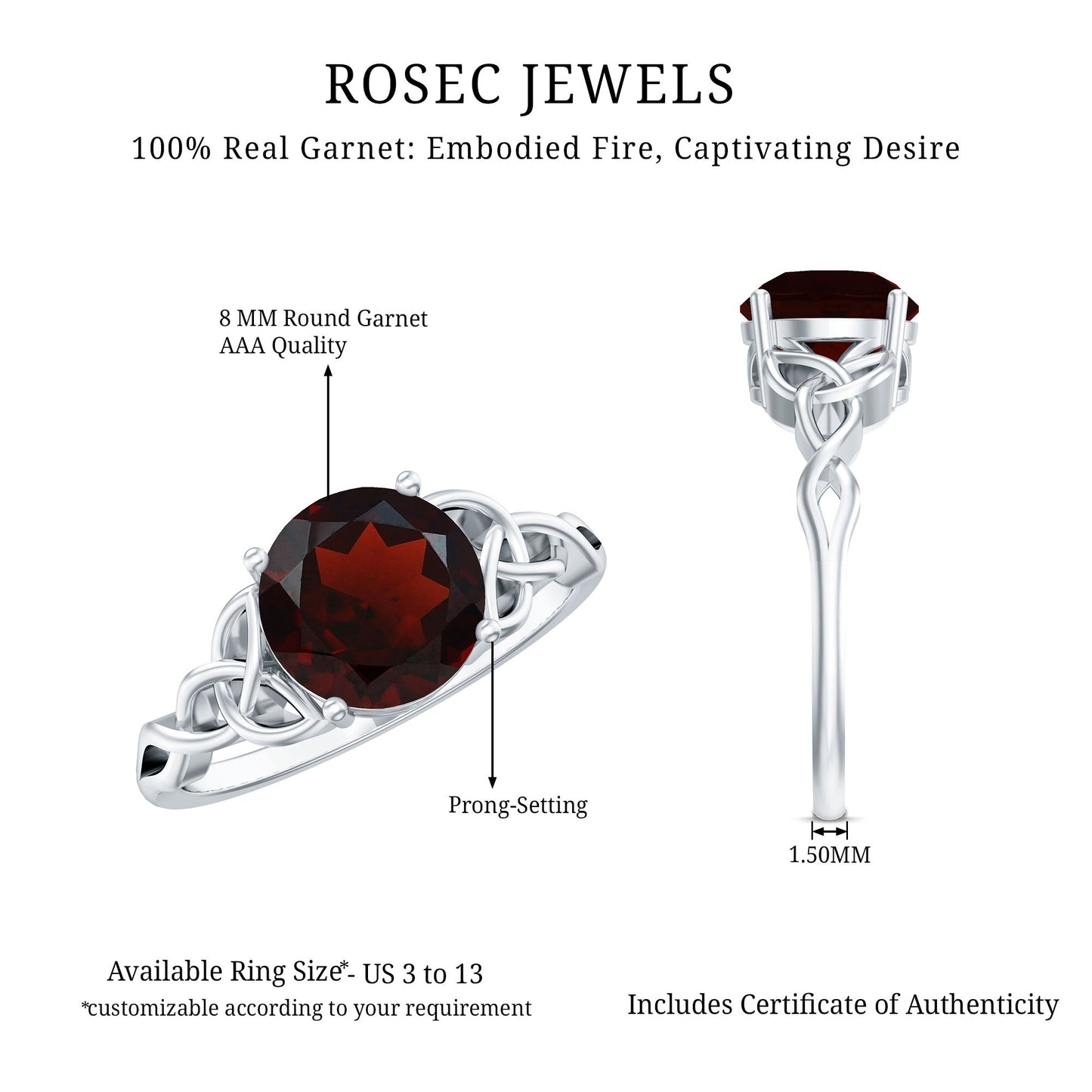 Real 8mm Garnet Solitaire Engagement Ring with Celtic Knot