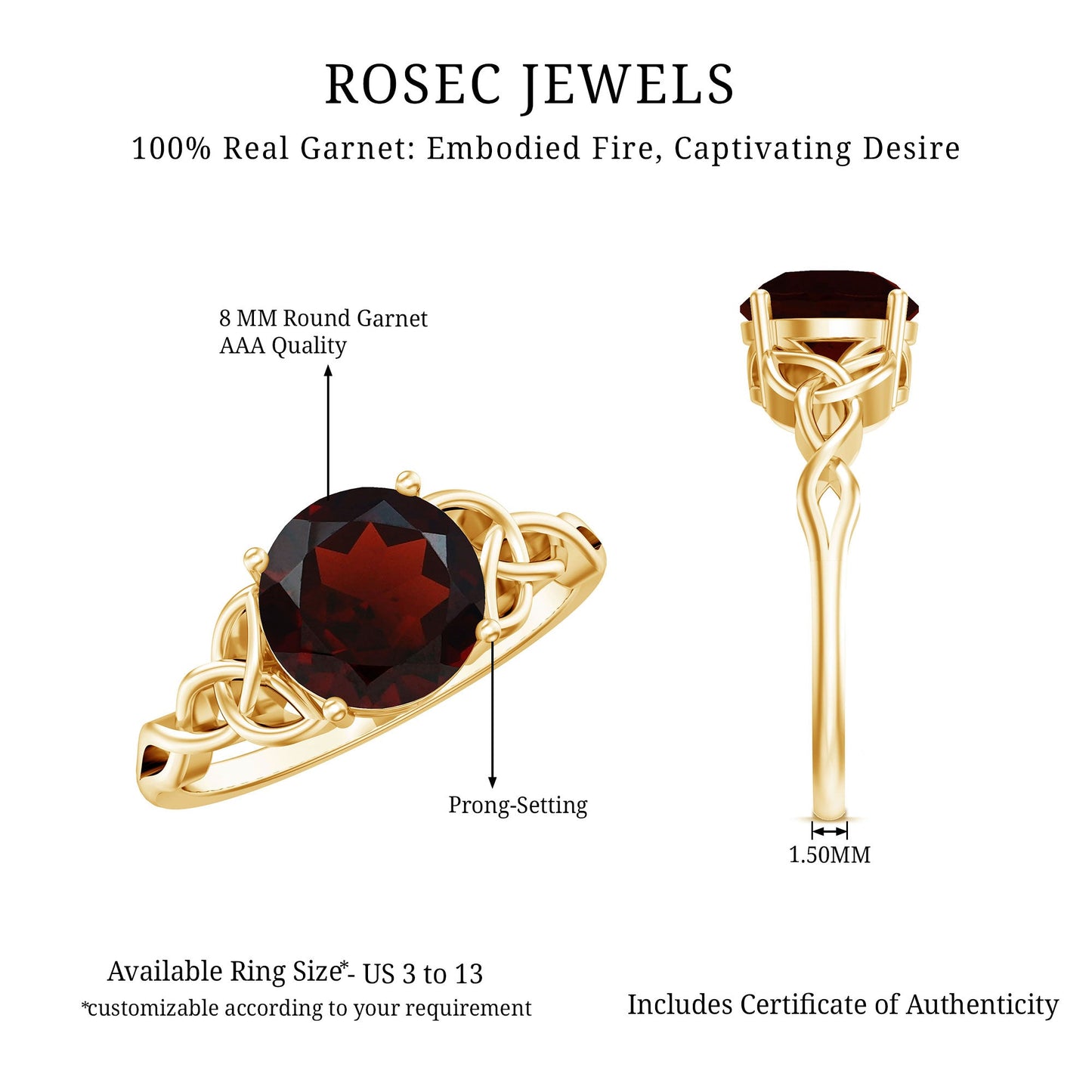 Real 8mm Garnet Solitaire Engagement Ring with Celtic Knot