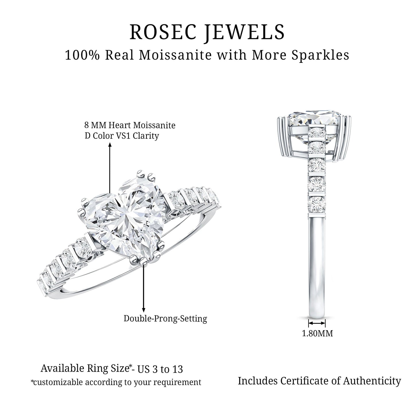 8 MM Certified Moissanite Heart Engagement Ring with Side Stones
