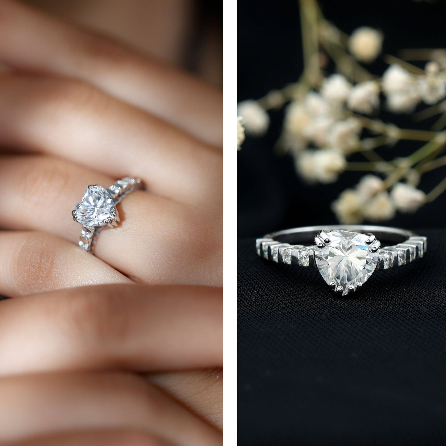 8 MM Certified Moissanite Heart Engagement Ring with Side Stones