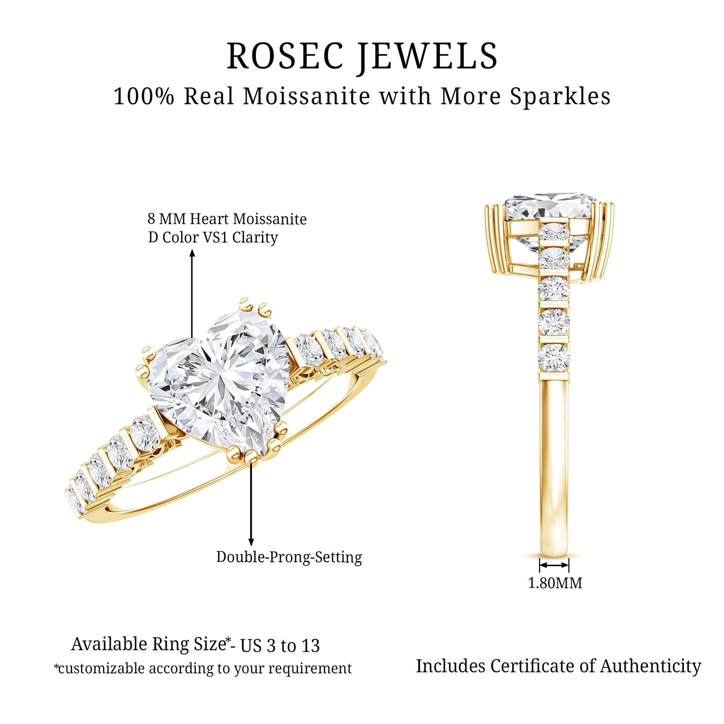 8 MM Certified Moissanite Heart Engagement Ring with Side Stones