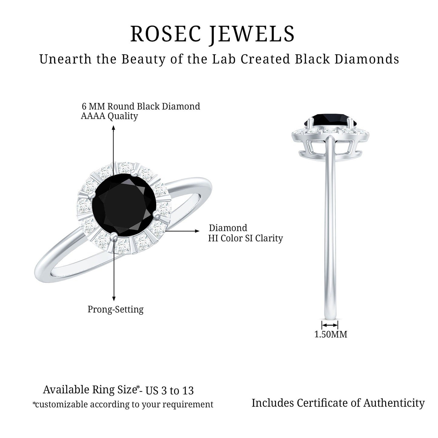 1.75 CT Lab Created Black Diamond Promise Ring with Diamond Halo