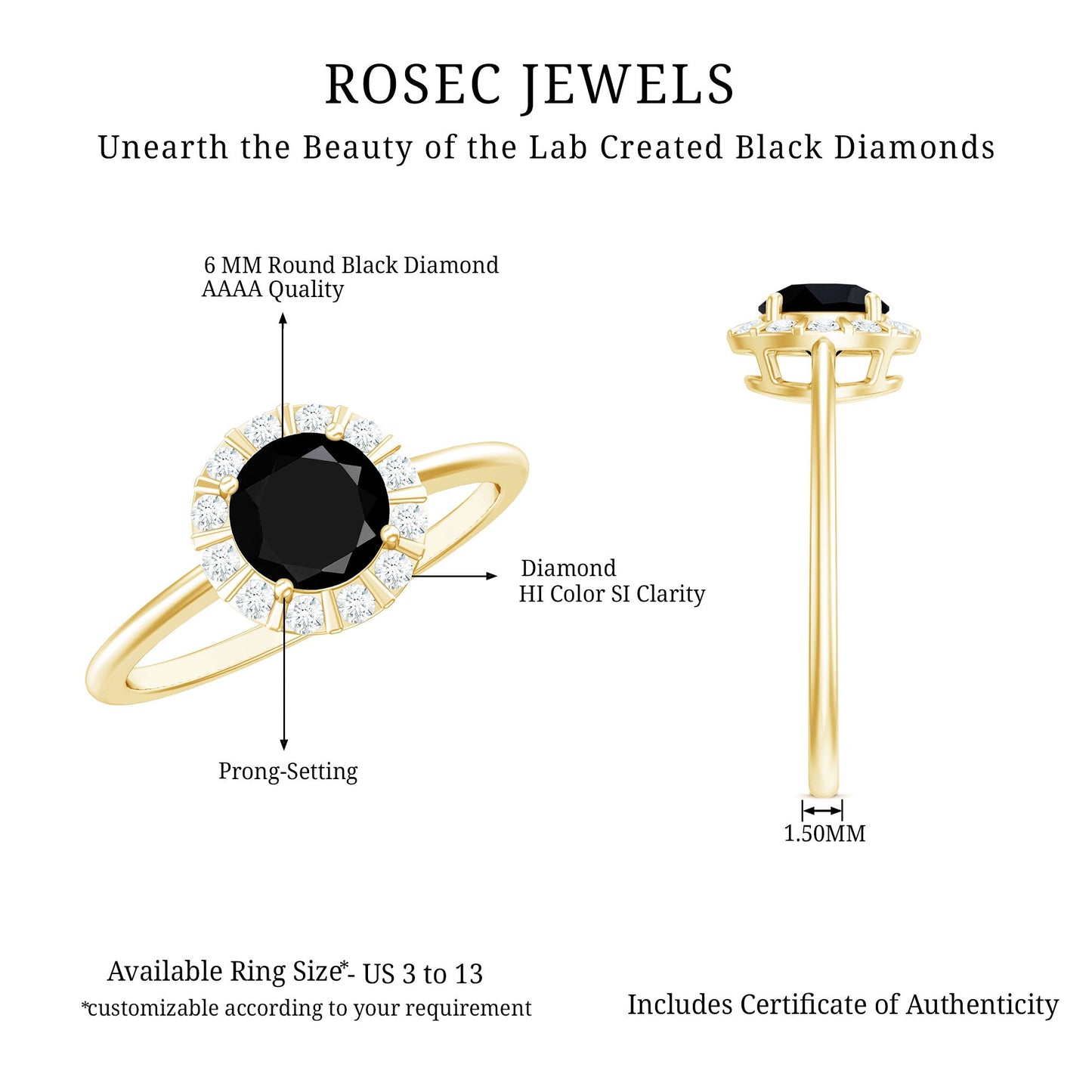 1.75 CT Lab Created Black Diamond Promise Ring with Diamond Halo