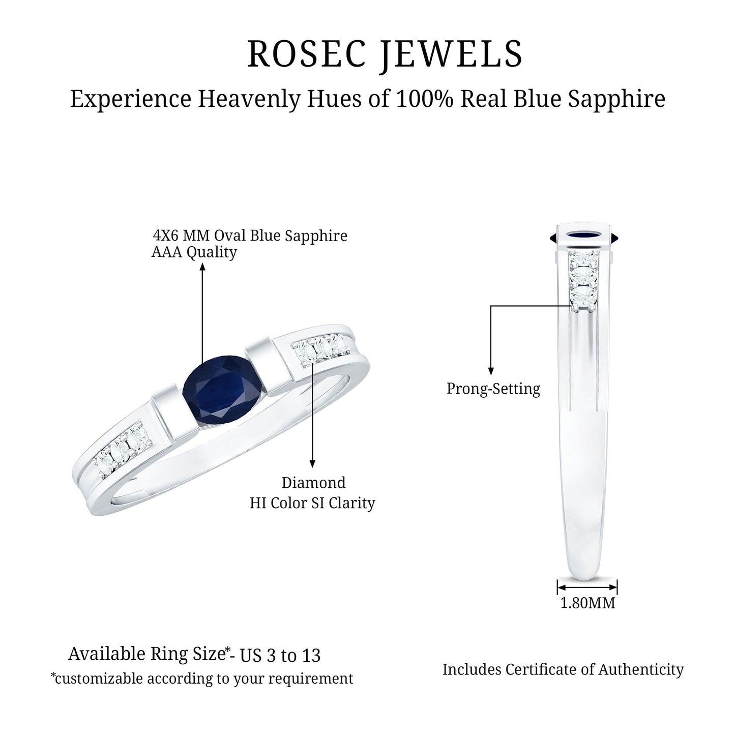 0.5 CT Oval Blue Sapphire East West Solitaire Ring with Diamond