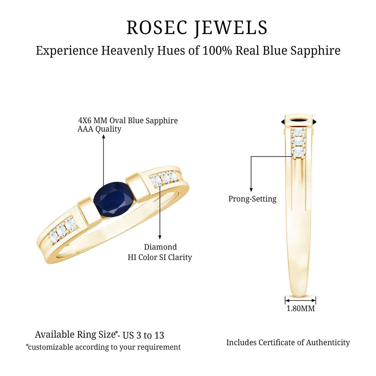 0.5 CT Oval Blue Sapphire East West Solitaire Ring with Diamond