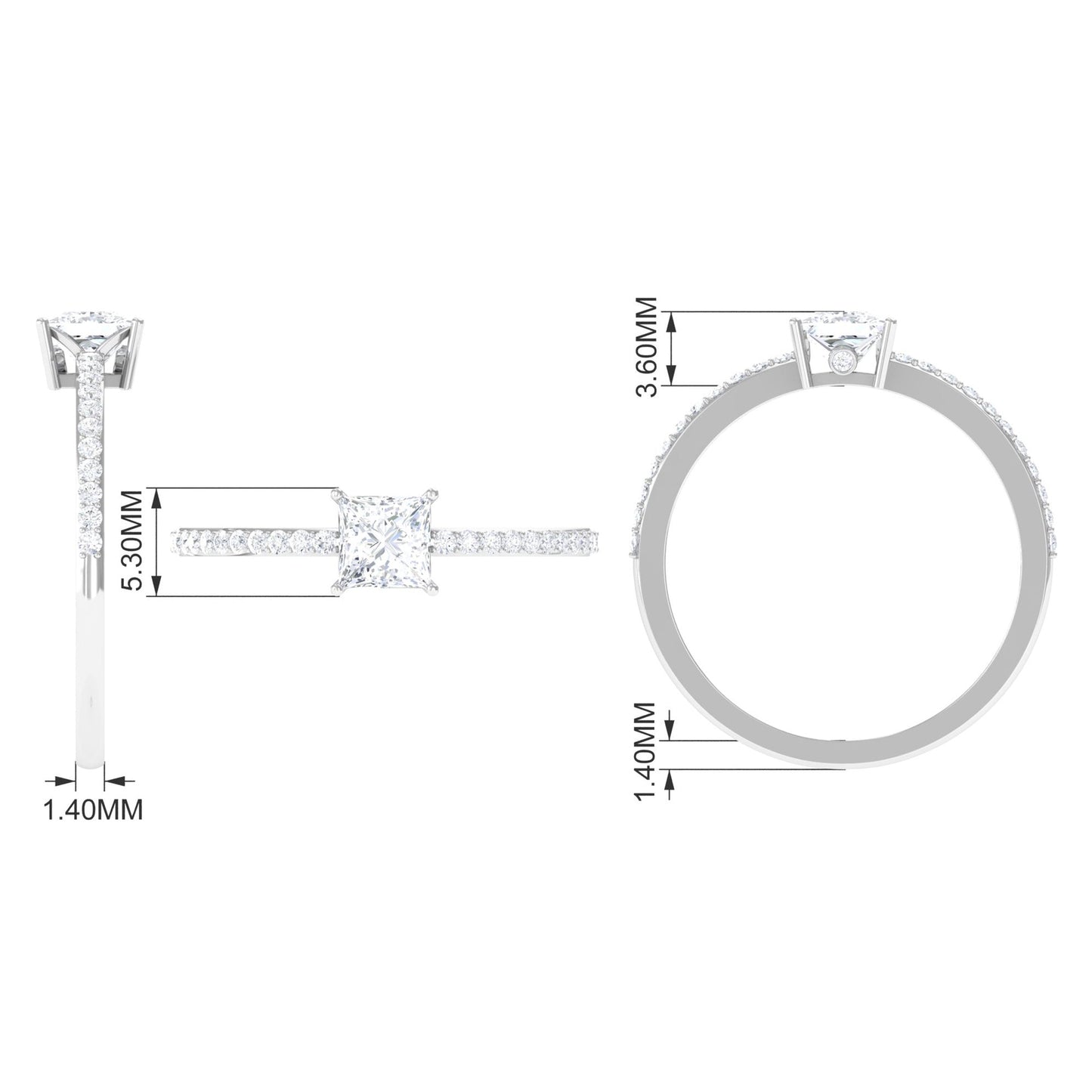 3/4 CT Princess Cut Zircon Solitaire Ring with Surprise and Side Stones