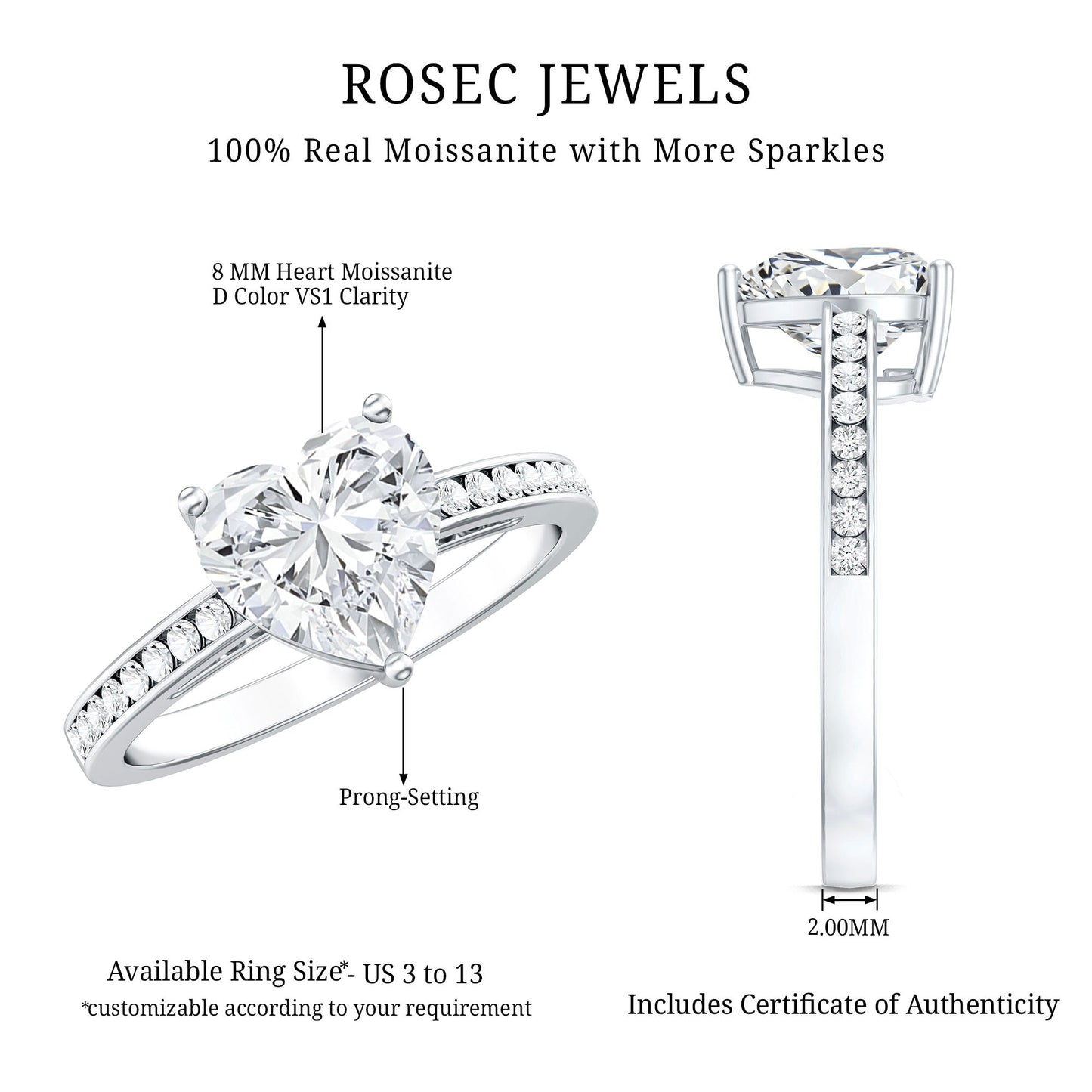 Moissanite 8MM Heart Engagement Ring with Side Stones