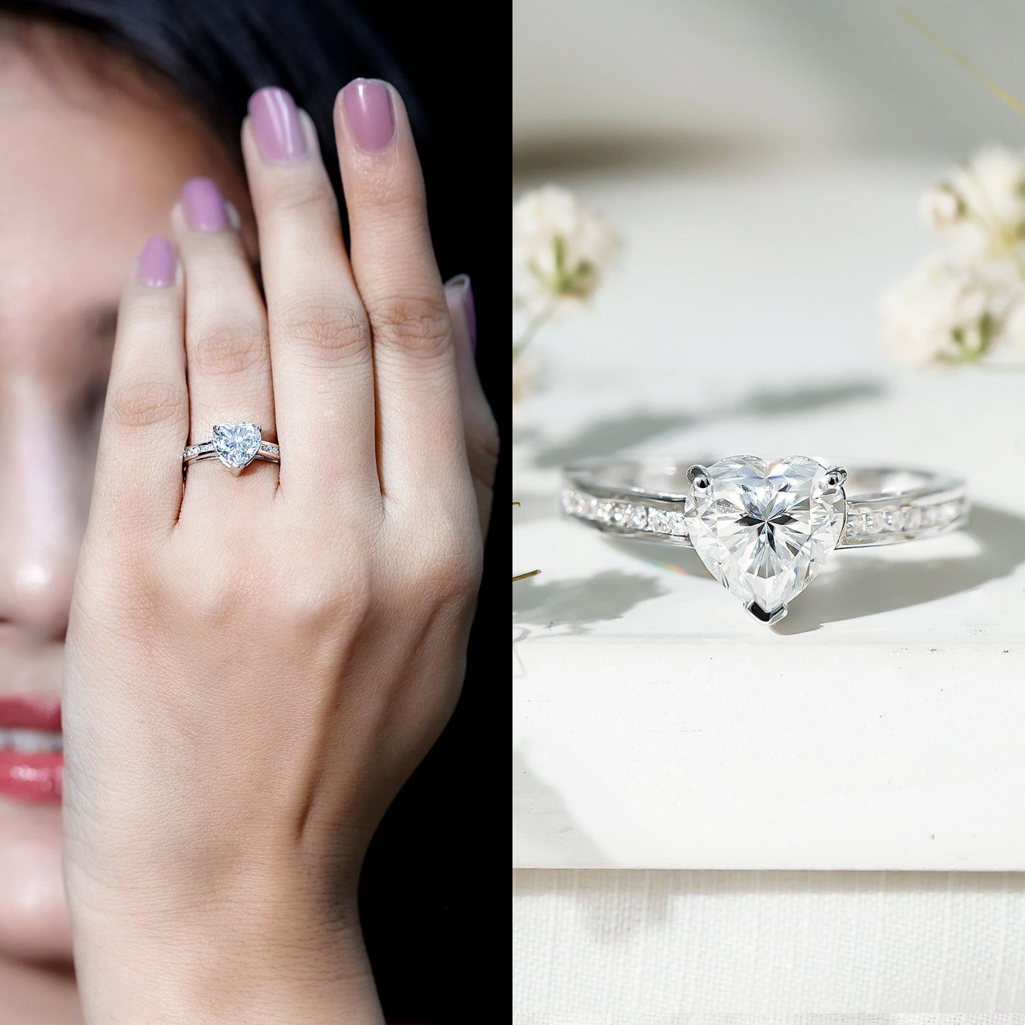 Moissanite 8MM Heart Engagement Ring with Side Stones