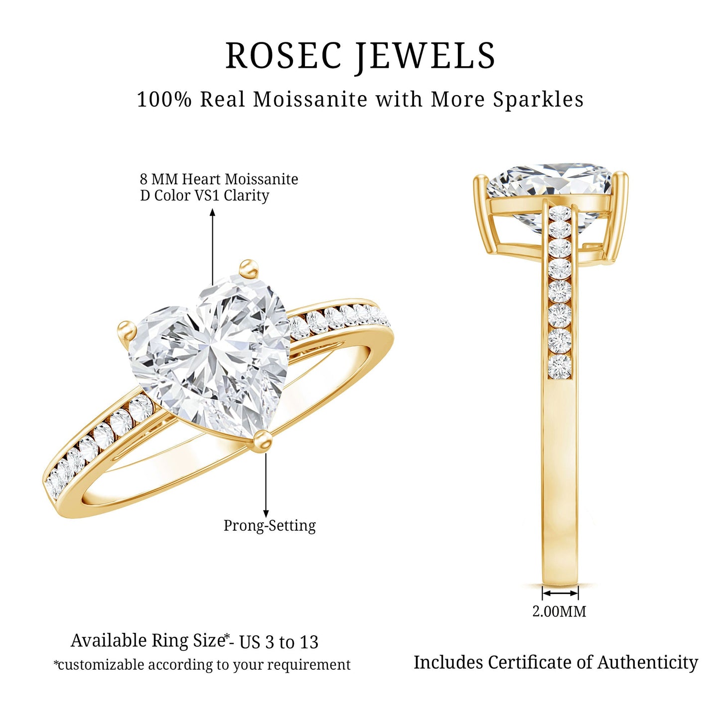 Moissanite 8MM Heart Engagement Ring with Side Stones