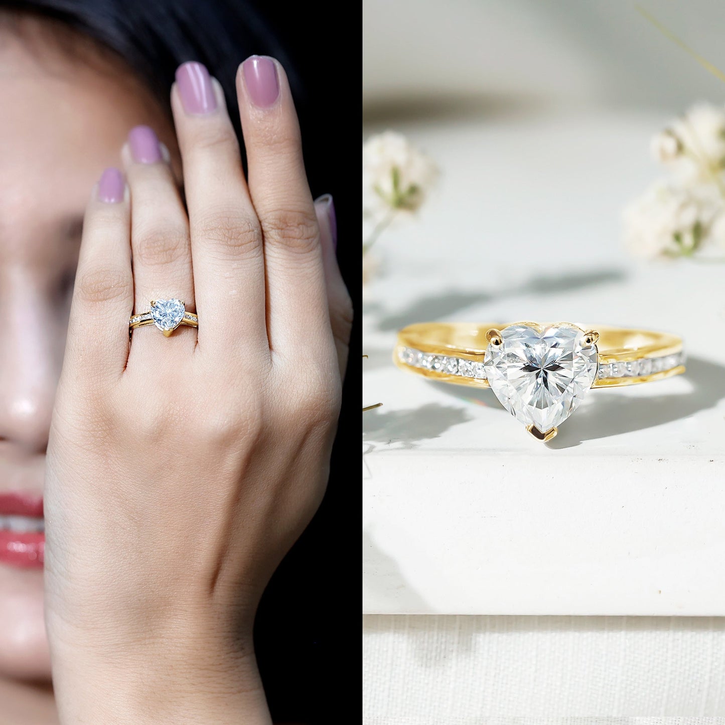Moissanite 8MM Heart Engagement Ring with Side Stones