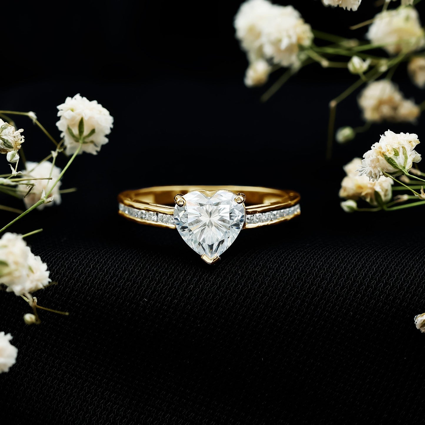 Moissanite 8MM Heart Engagement Ring with Side Stones