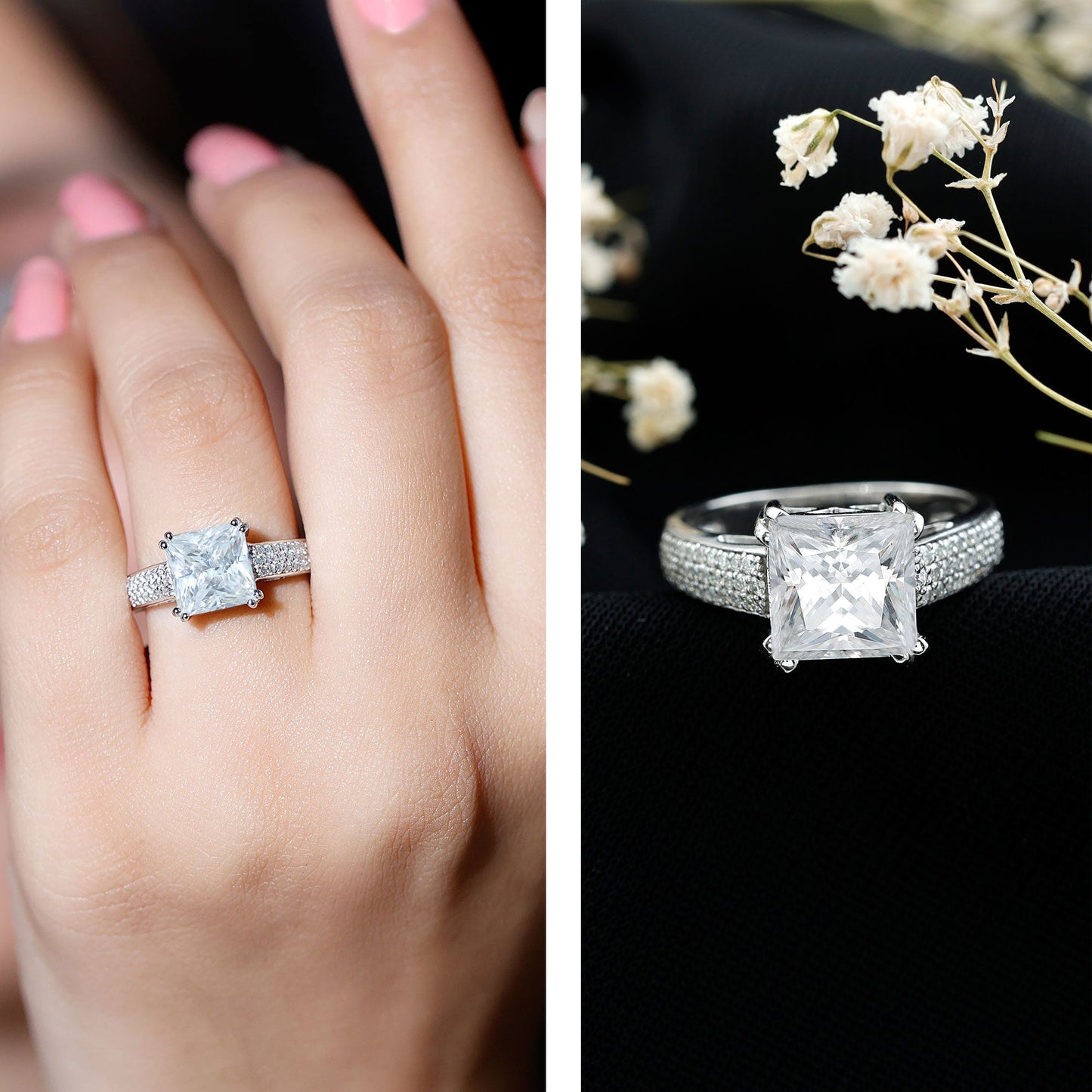 8MM Princess Cut Moissanite Side Stone Engagement Ring