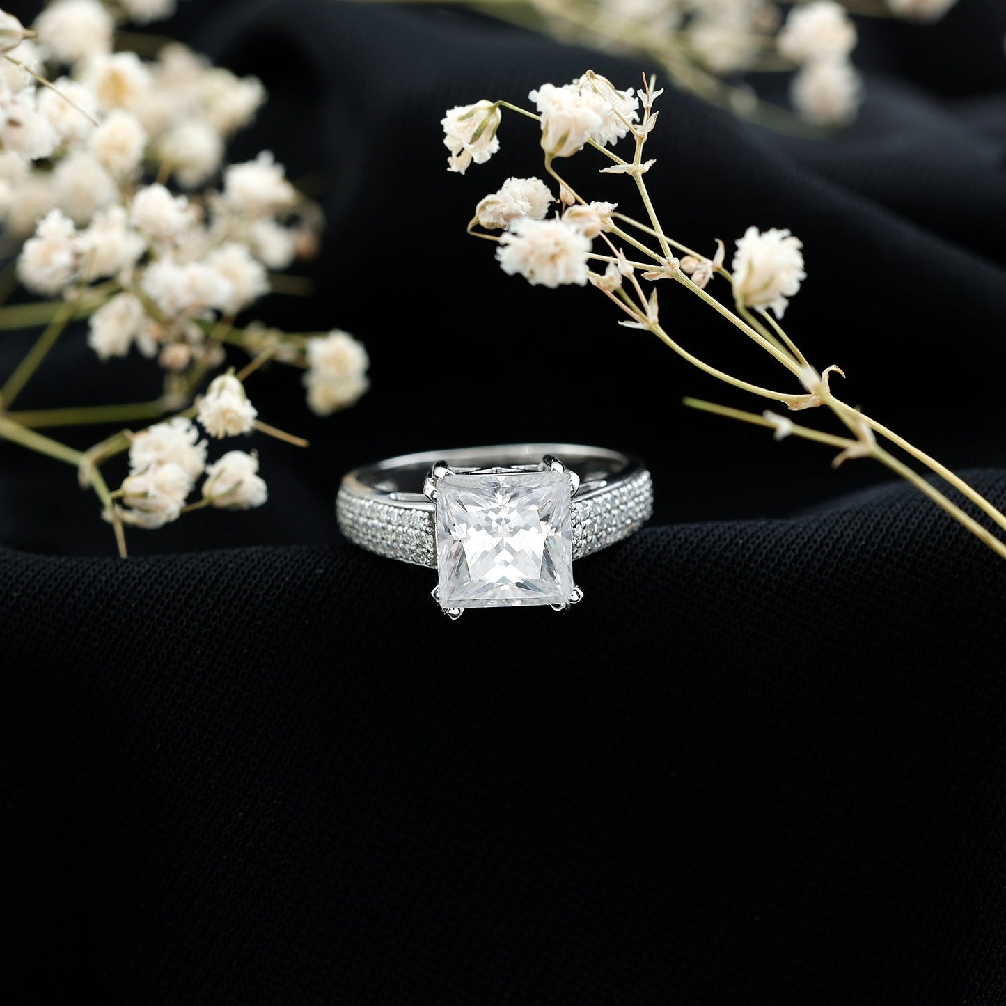 8MM Princess Cut Moissanite Side Stone Engagement Ring