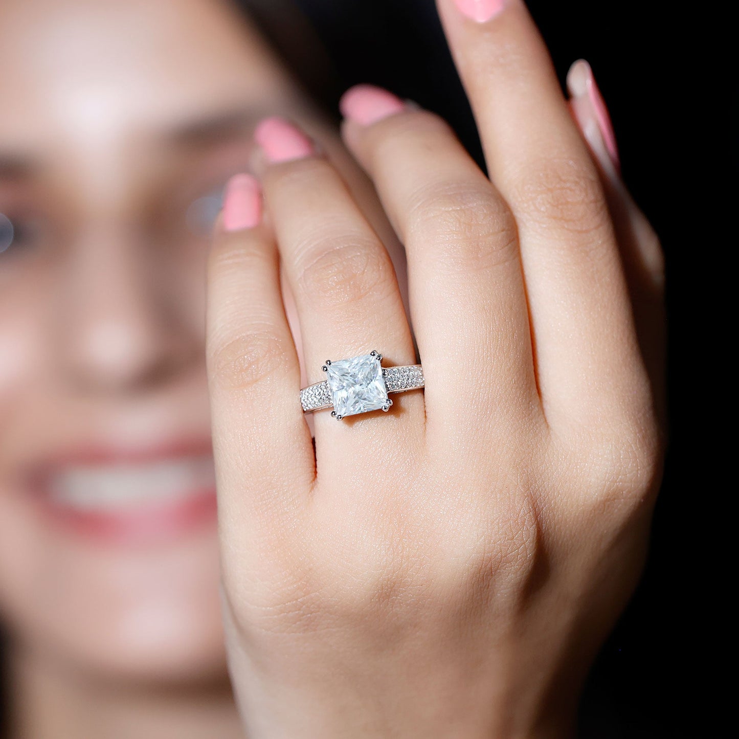 8MM Princess Cut Moissanite Side Stone Engagement Ring