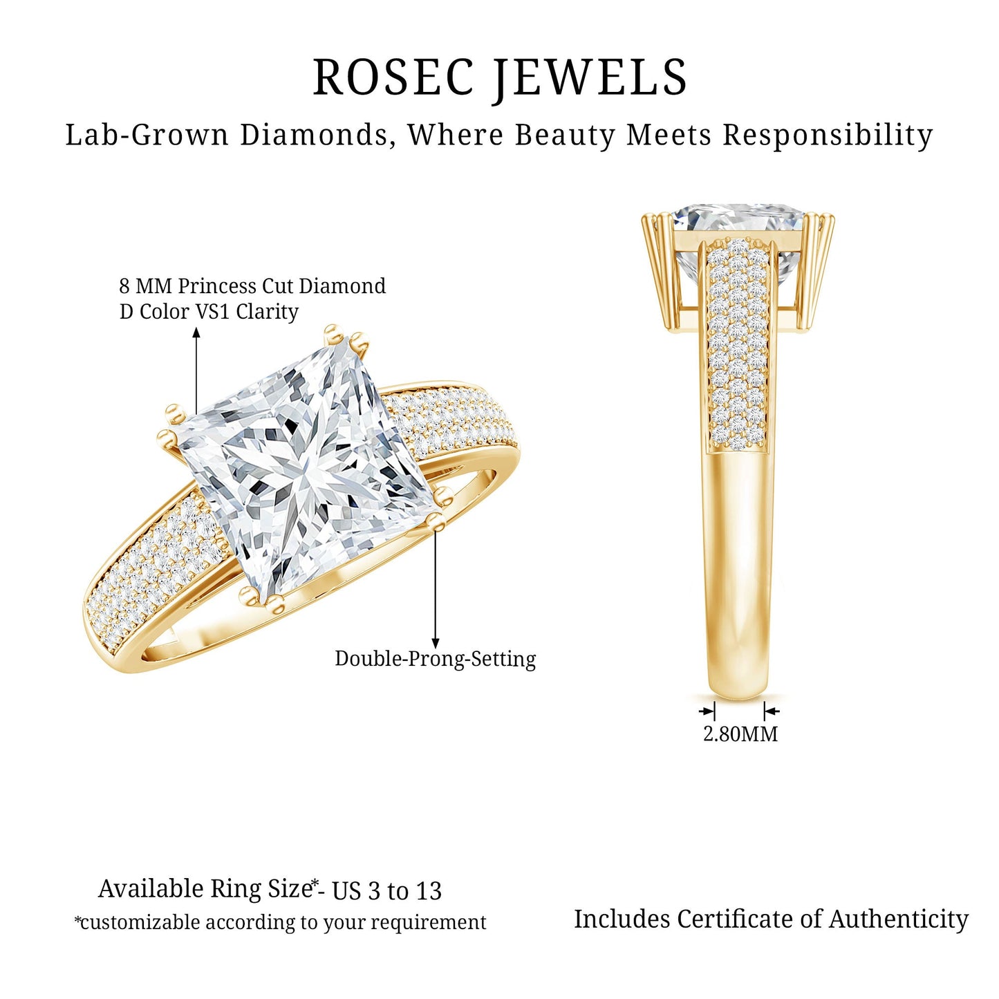 8MM Princess Cut Moissanite Side Stone Engagement Ring