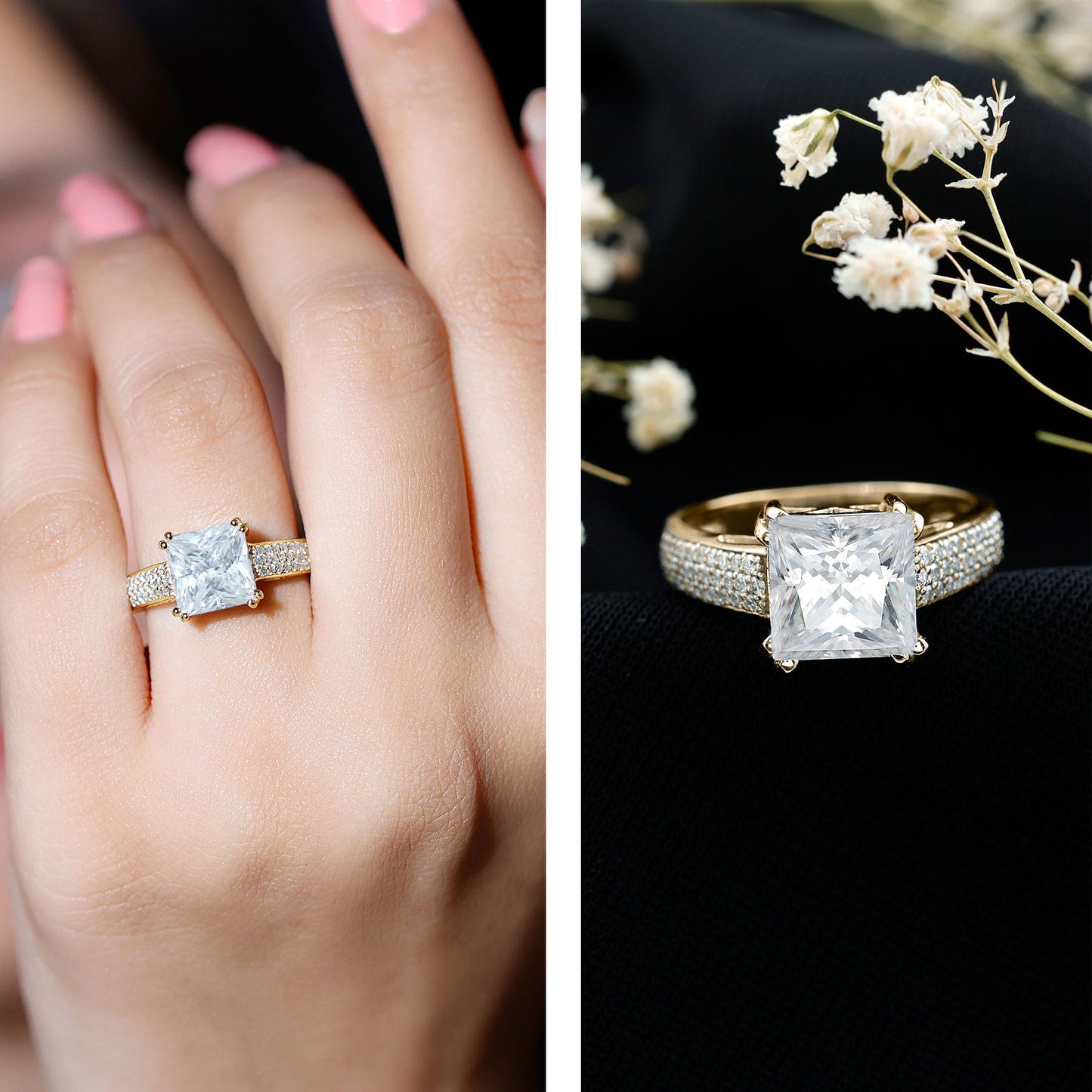 8MM Princess Cut Moissanite Side Stone Engagement Ring