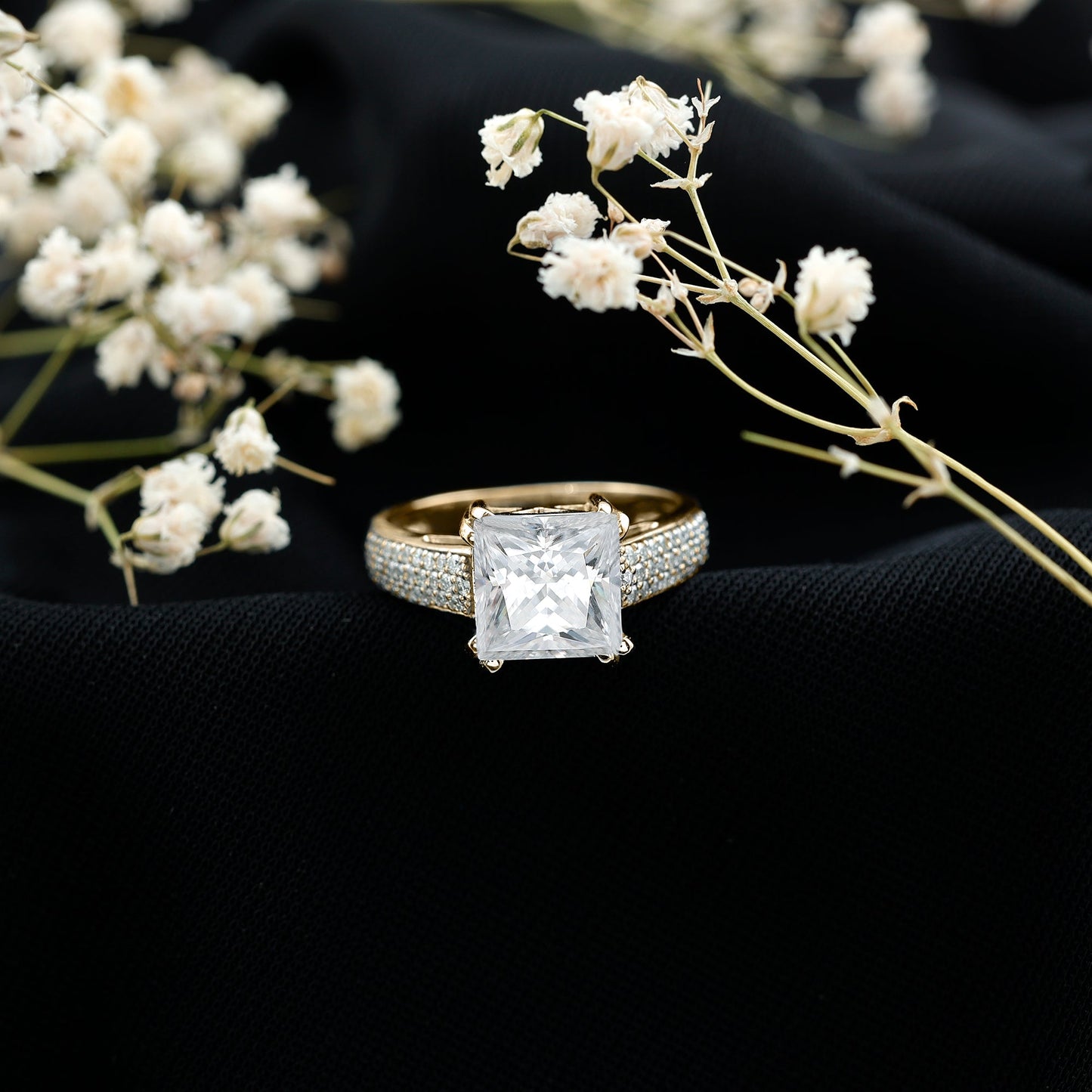 8MM Princess Cut Moissanite Side Stone Engagement Ring