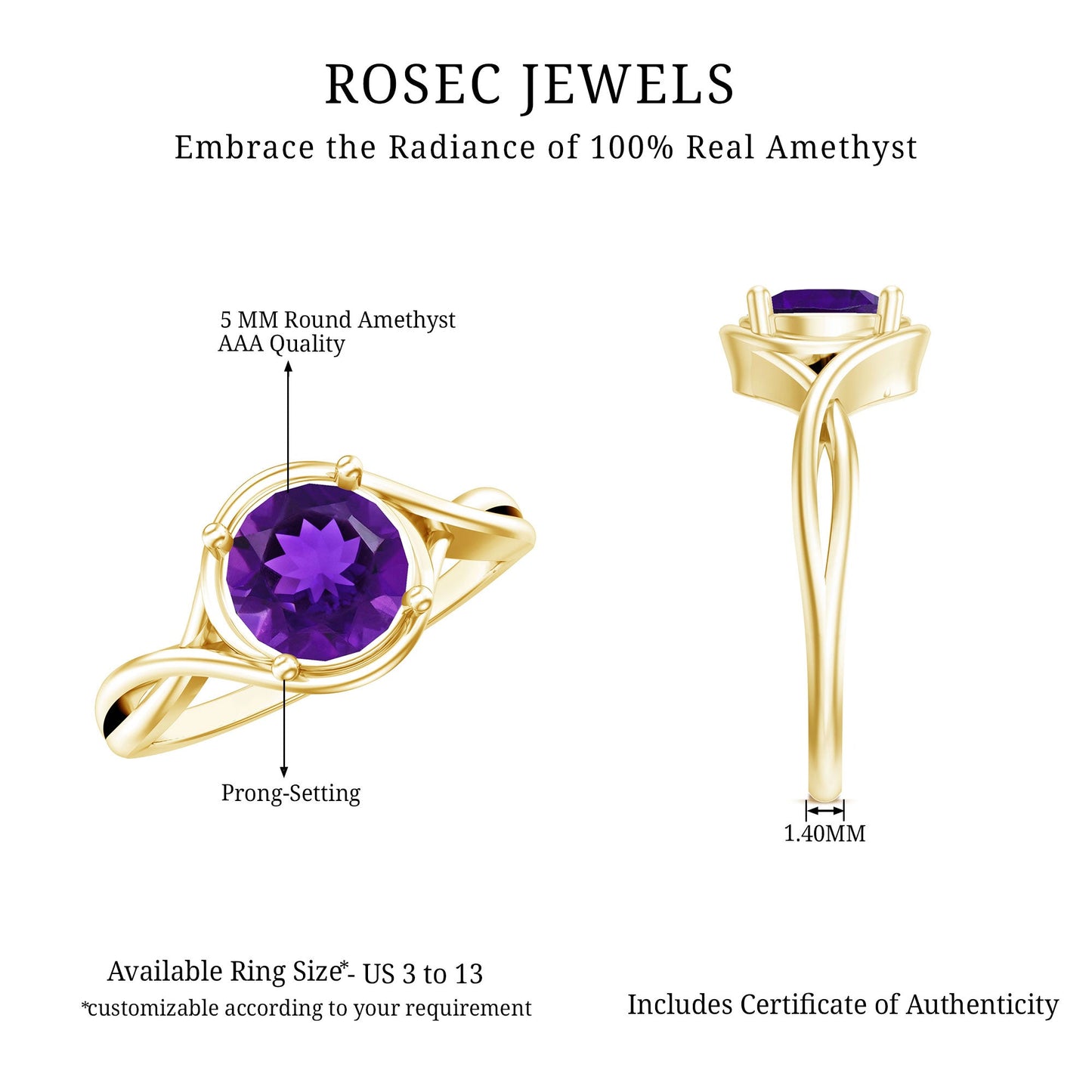 5 MM Round Shape Amethyst Solitaire Ring in Four Prong Setting with Crossover Shank