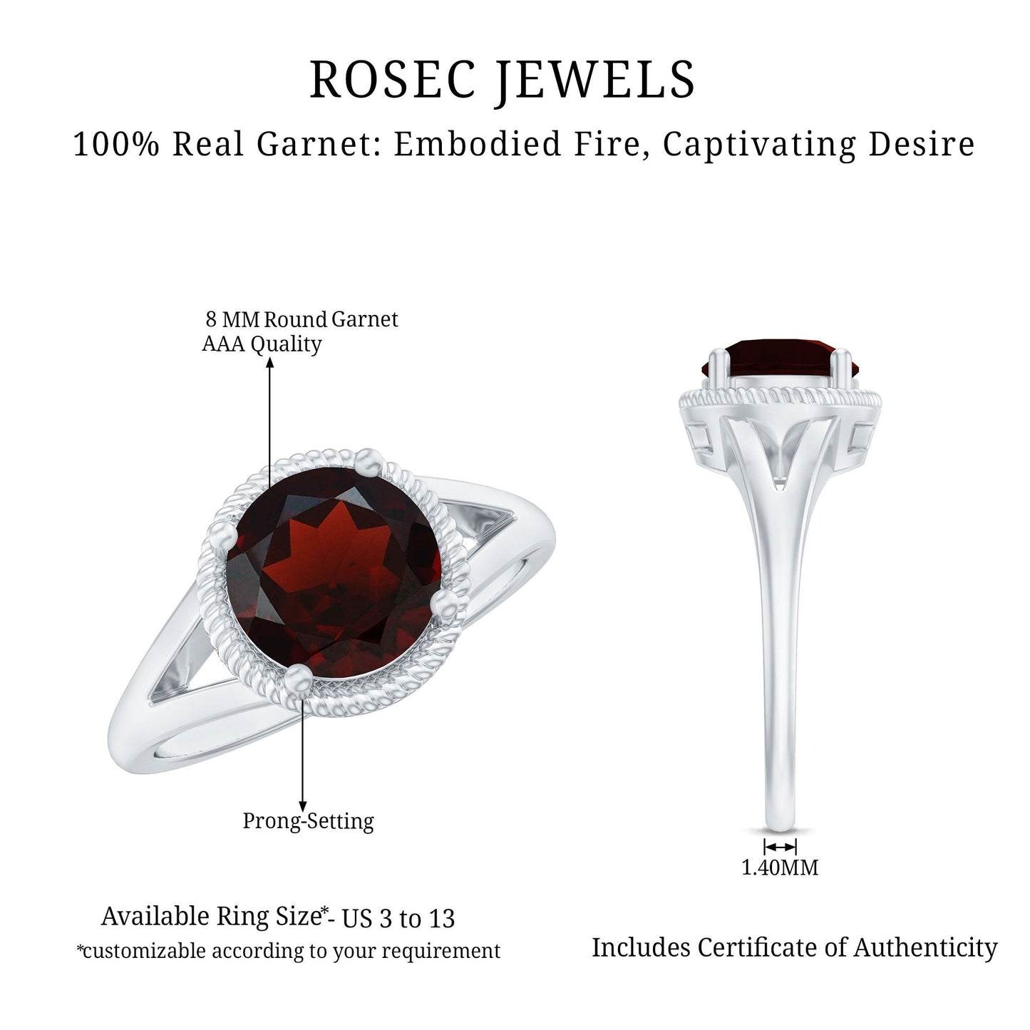 Real 8mm Solitaire Garnet Engagement Ring with Split Shank
