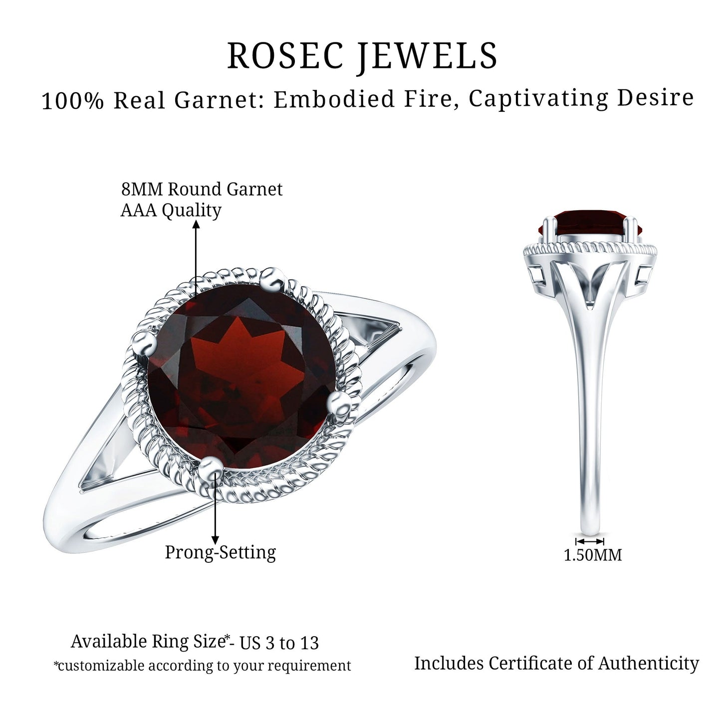 Real 8mm Solitaire Garnet Engagement Ring with Split Shank