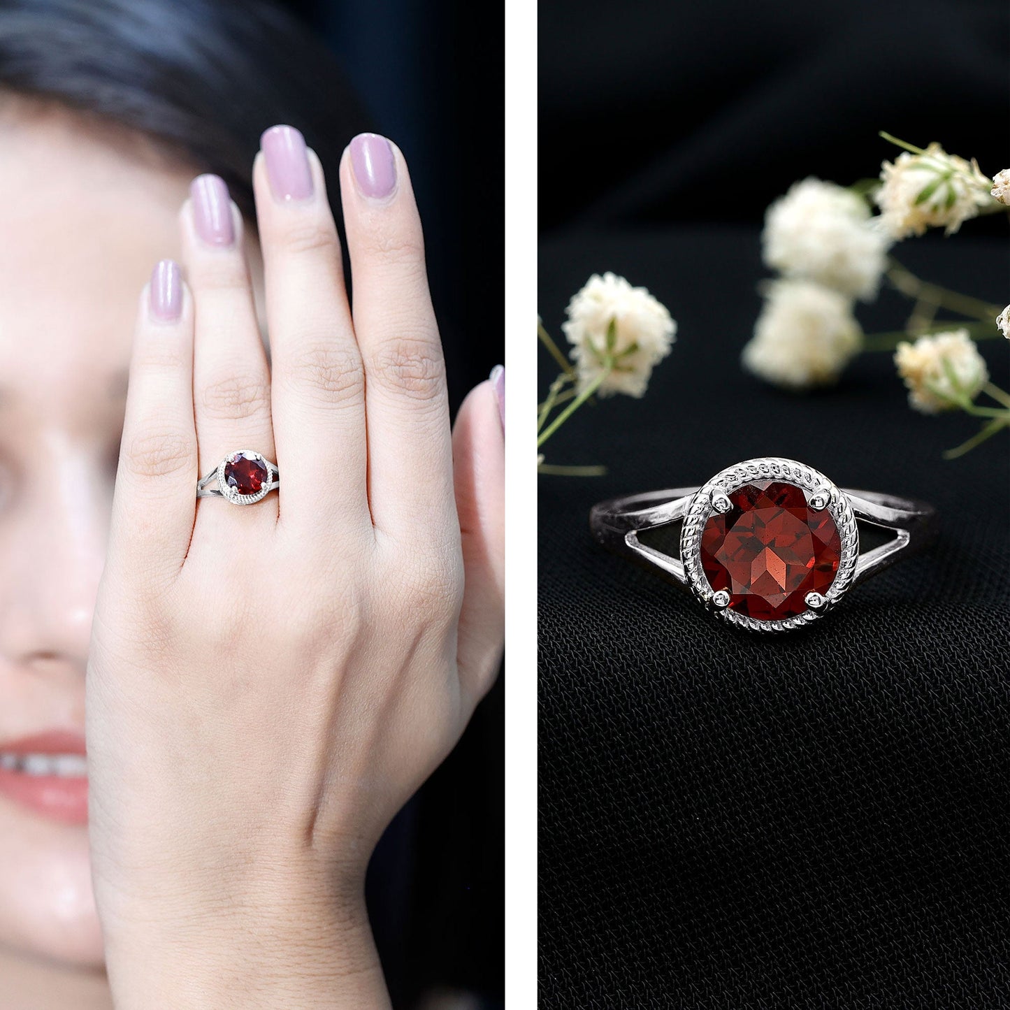 Real 8mm Solitaire Garnet Engagement Ring with Split Shank