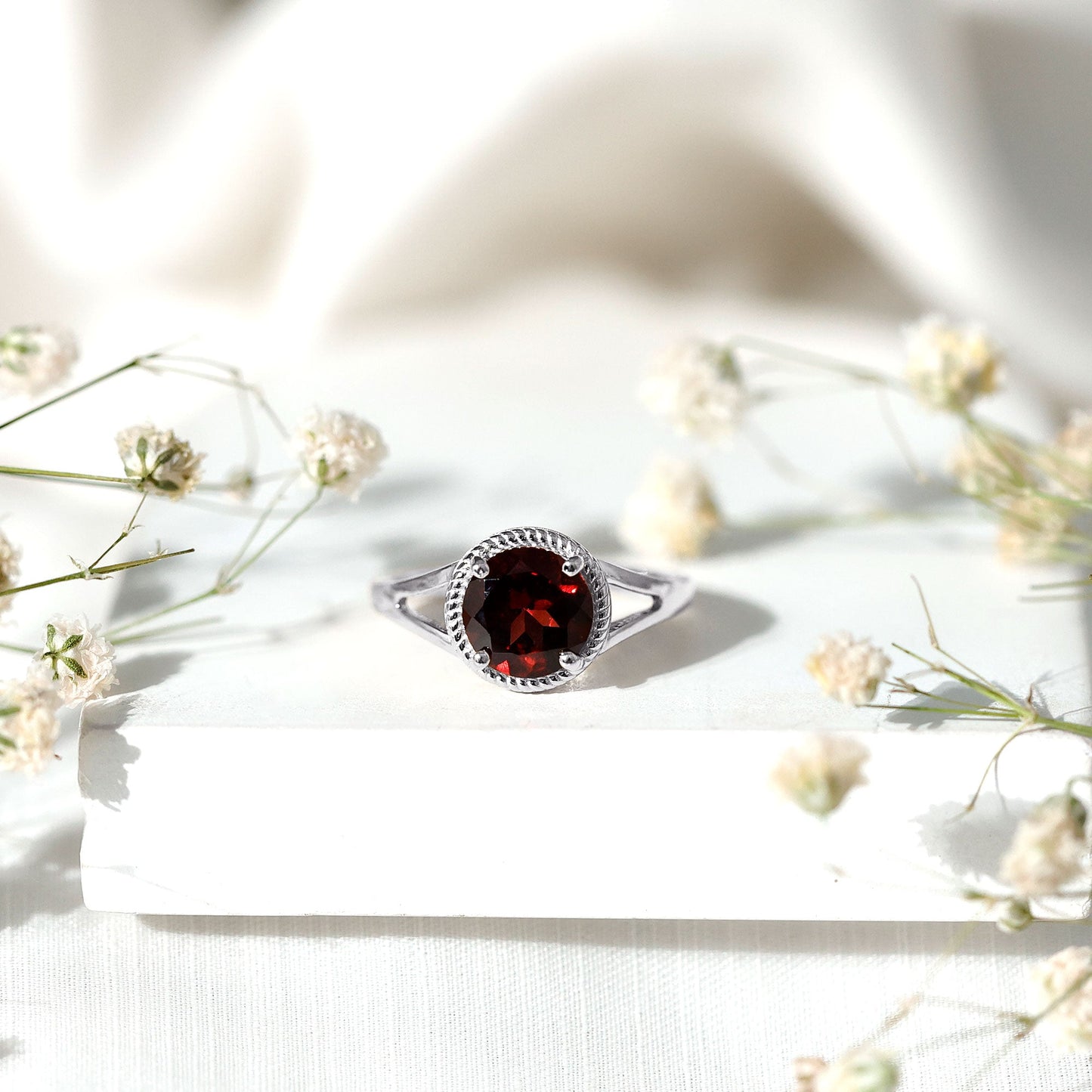 Real 8mm Solitaire Garnet Engagement Ring with Split Shank