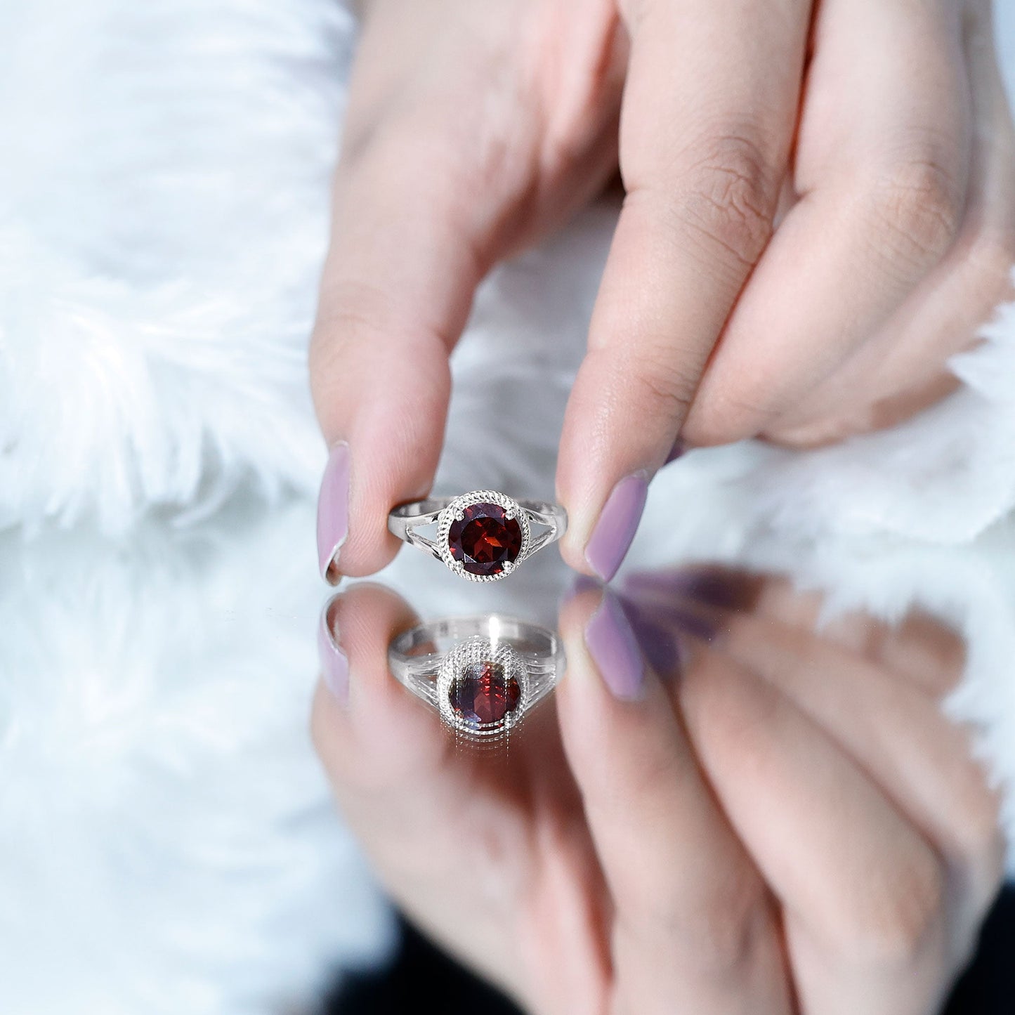 Real 8mm Solitaire Garnet Engagement Ring with Split Shank