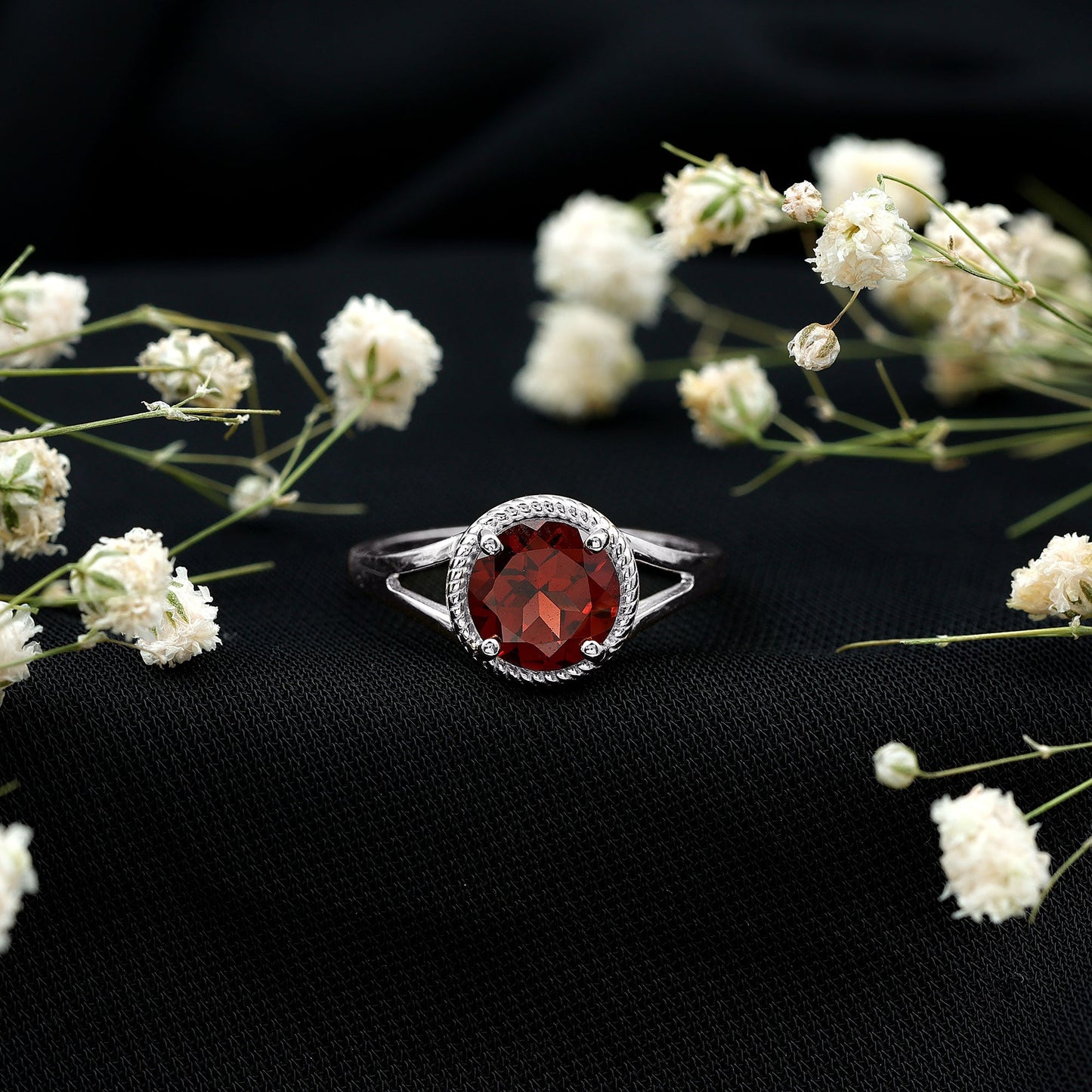 Real 8mm Solitaire Garnet Engagement Ring with Split Shank