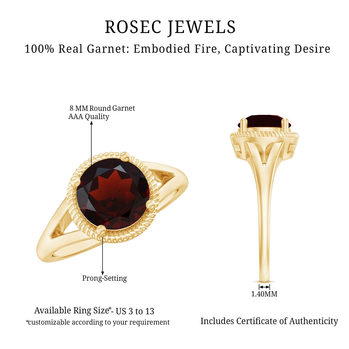 Real 8mm Solitaire Garnet Engagement Ring with Split Shank