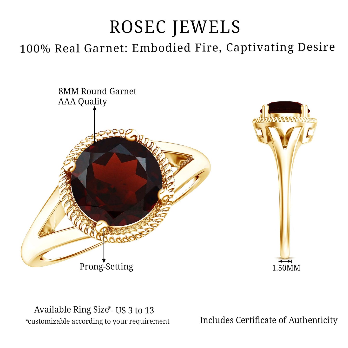 Real 8mm Solitaire Garnet Engagement Ring with Split Shank