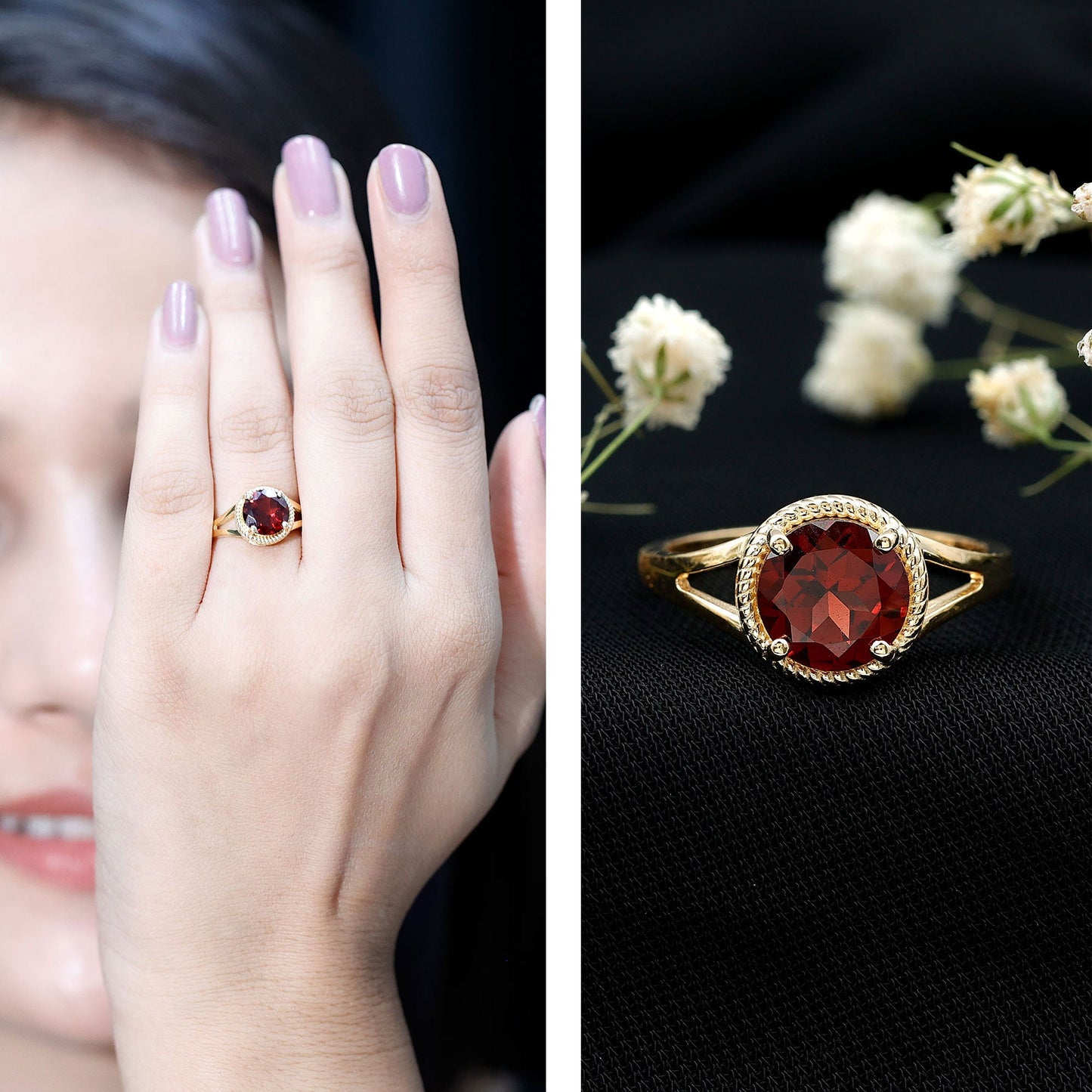 Real 8mm Solitaire Garnet Engagement Ring with Split Shank