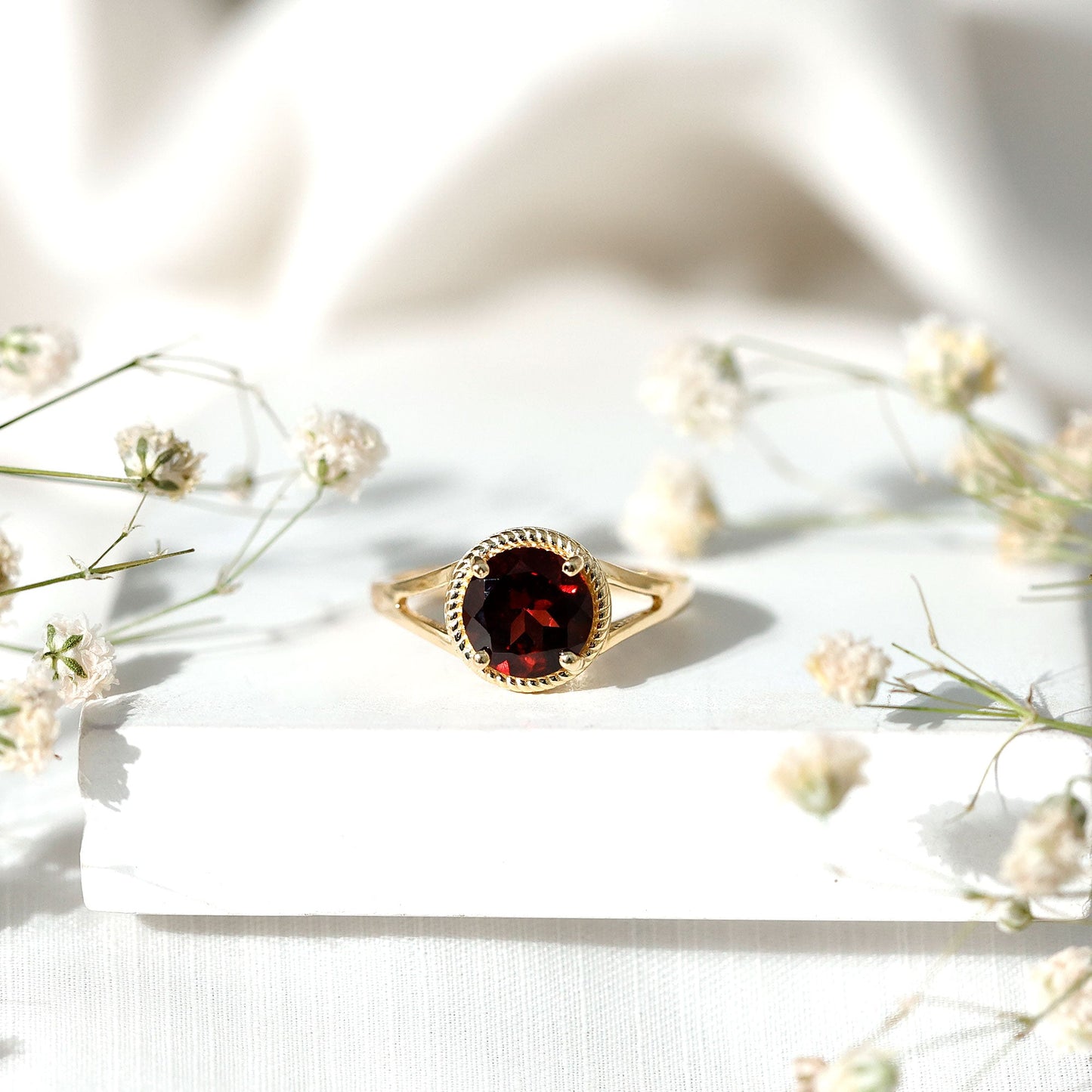 Real 8mm Solitaire Garnet Engagement Ring with Split Shank