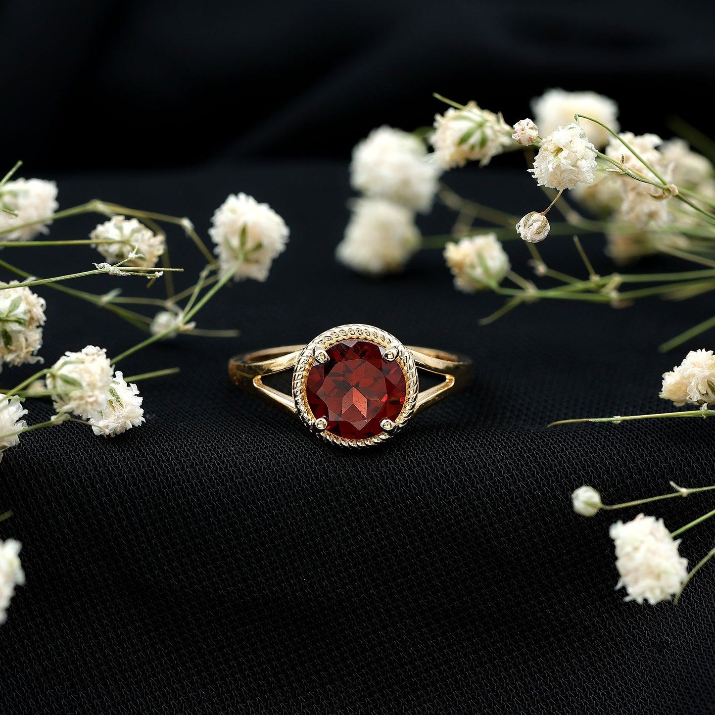 Real 8mm Solitaire Garnet Engagement Ring with Split Shank
