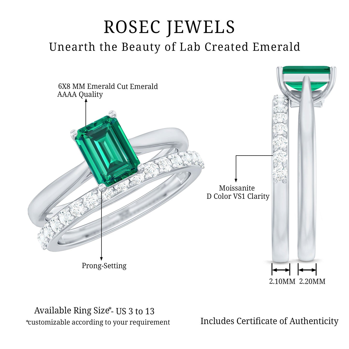 Certified Lab Grown Emerald Cut Emerald Engagement Ring with Ring Guard