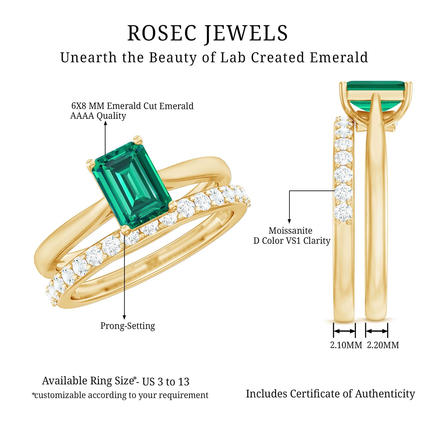Certified Lab Grown Emerald Cut Emerald Engagement Ring with Ring Guard