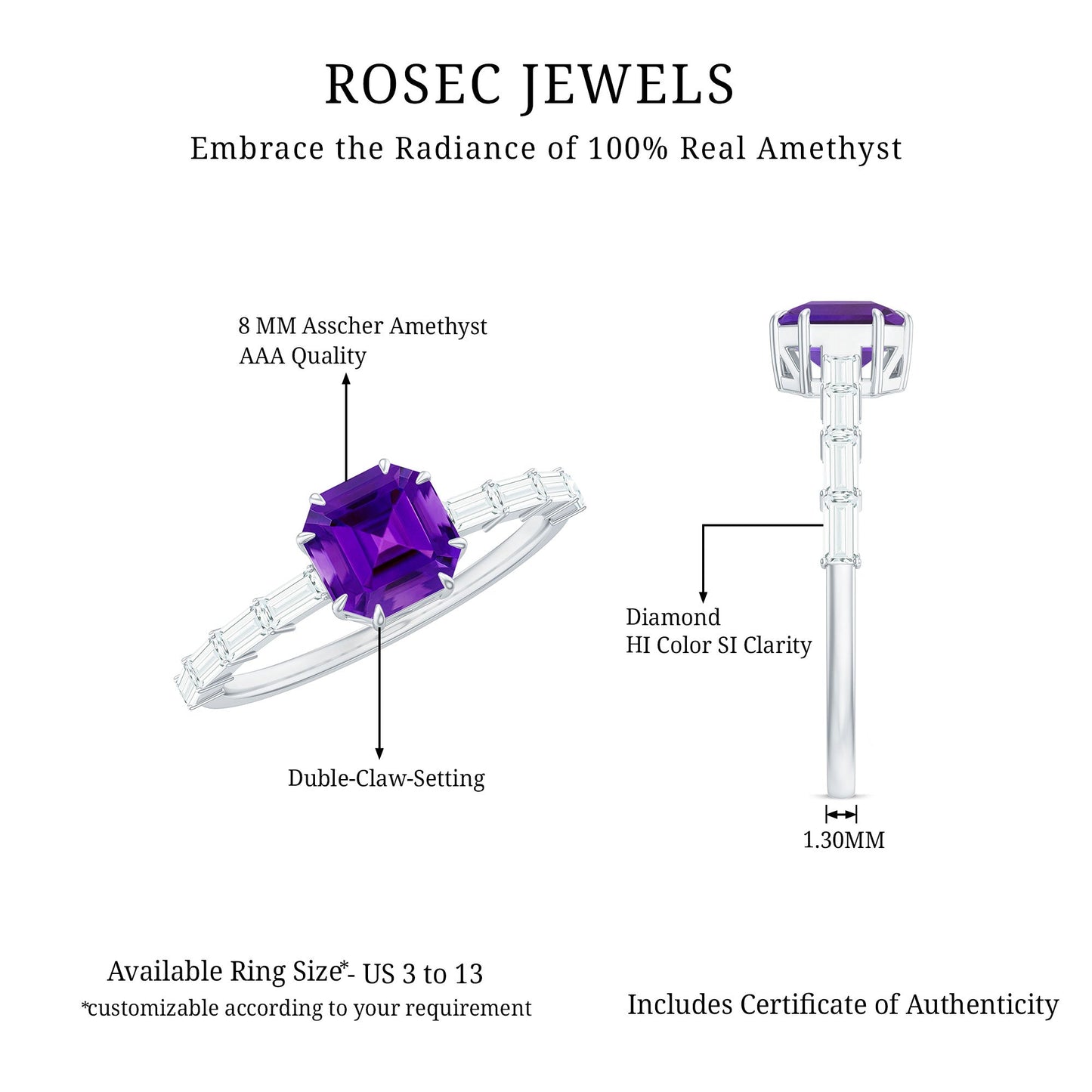 Asscher Amethyst Solitaire Engagement Ring with Diamond