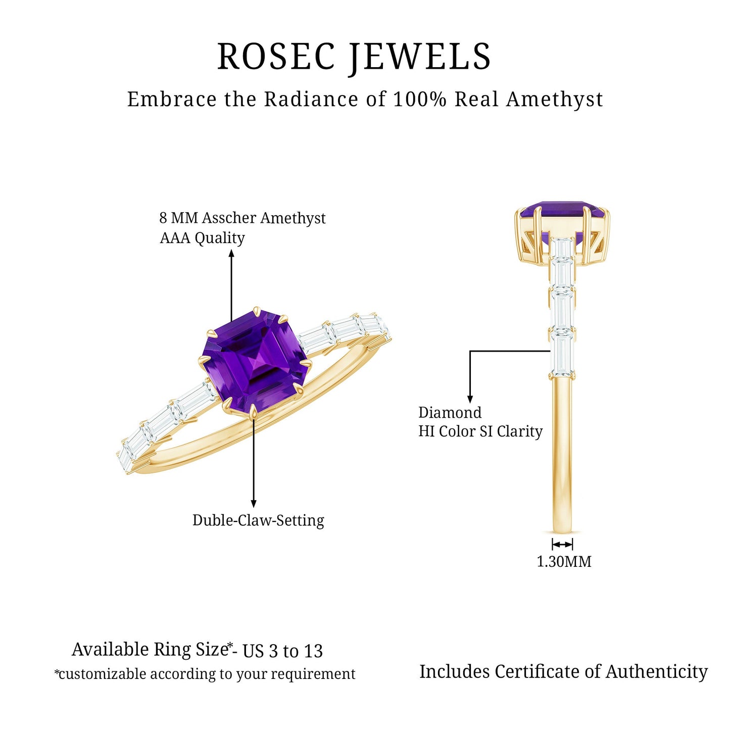 Asscher Amethyst Solitaire Engagement Ring with Diamond