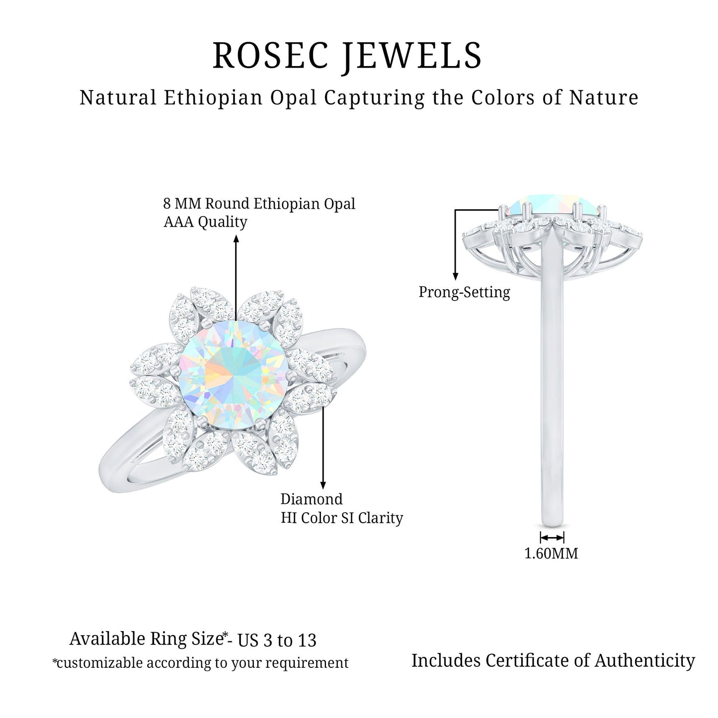8mm Round Shape Ethiopian Opal Floral Engagement Ring with Diamond
