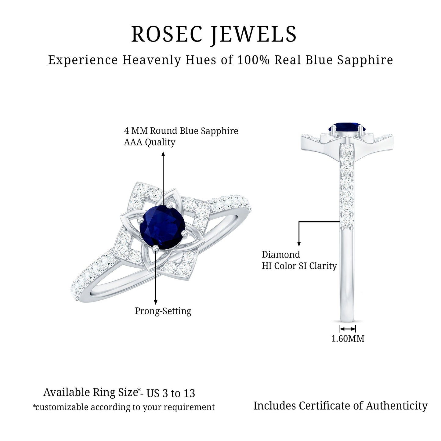 3/4 CT Minimal Blue Sapphire and Diamond Flower Ring