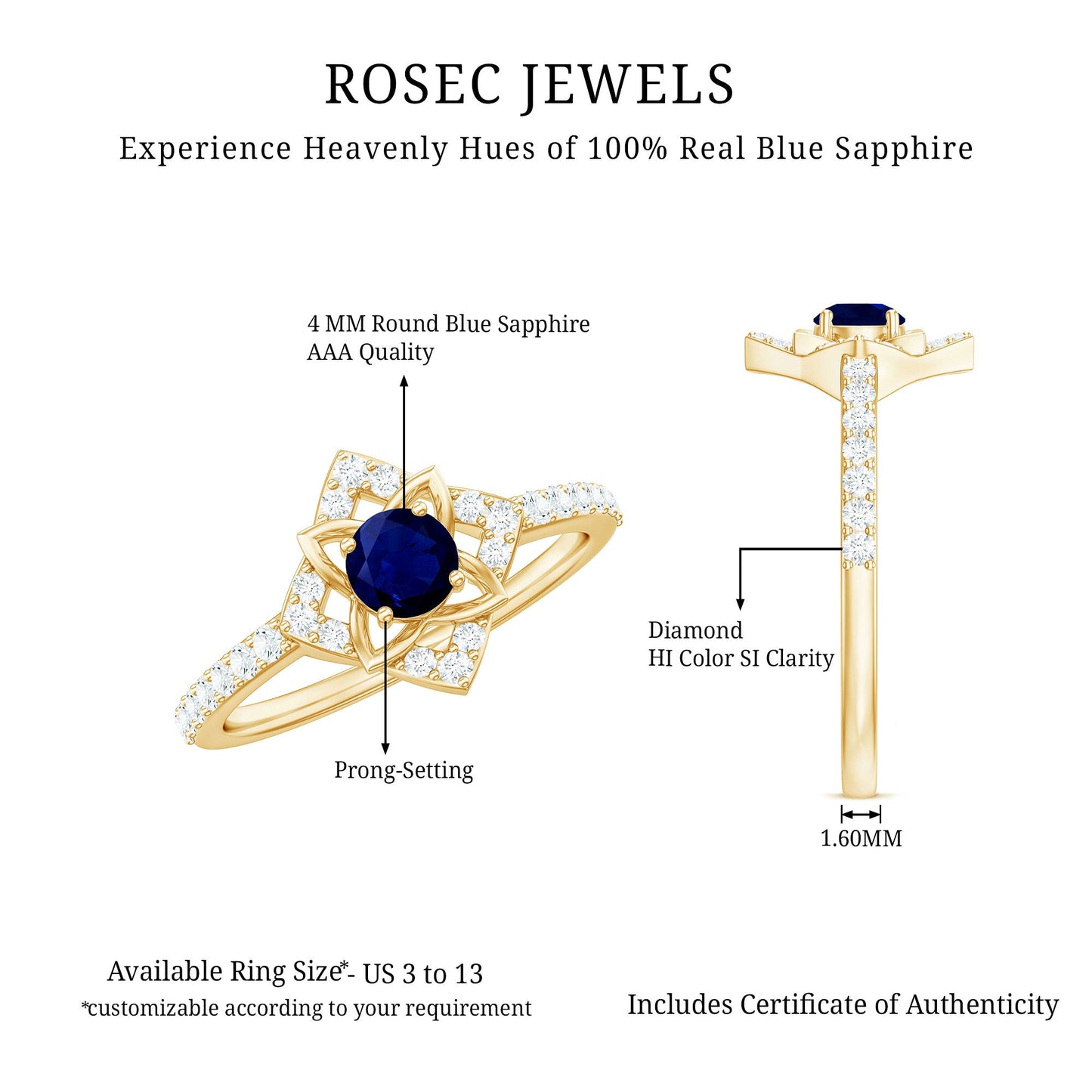 3/4 CT Minimal Blue Sapphire and Diamond Flower Ring
